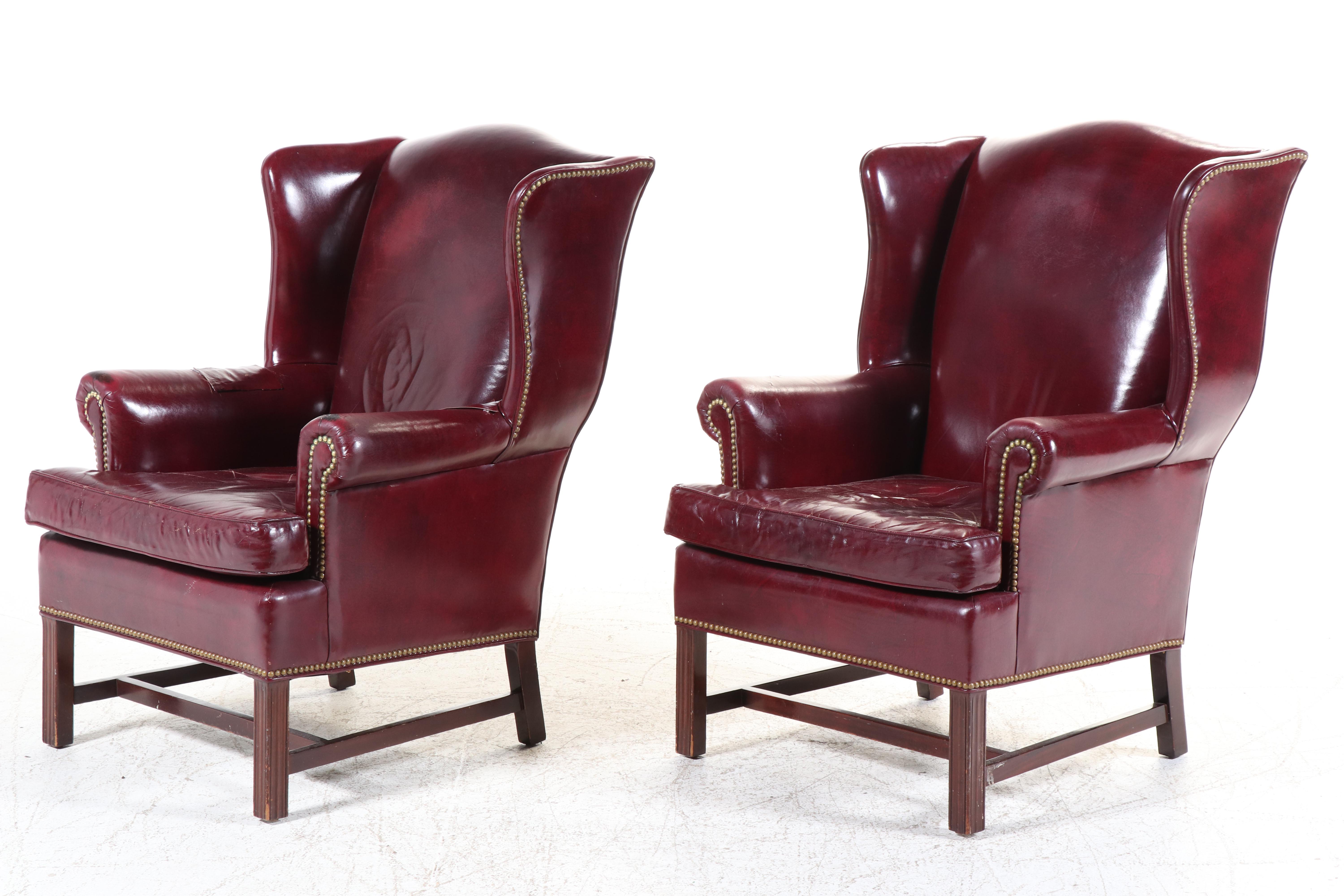 Two Hancock & Moore Chippendale Style Mahogany and Burgundy Leather Wing Chairs