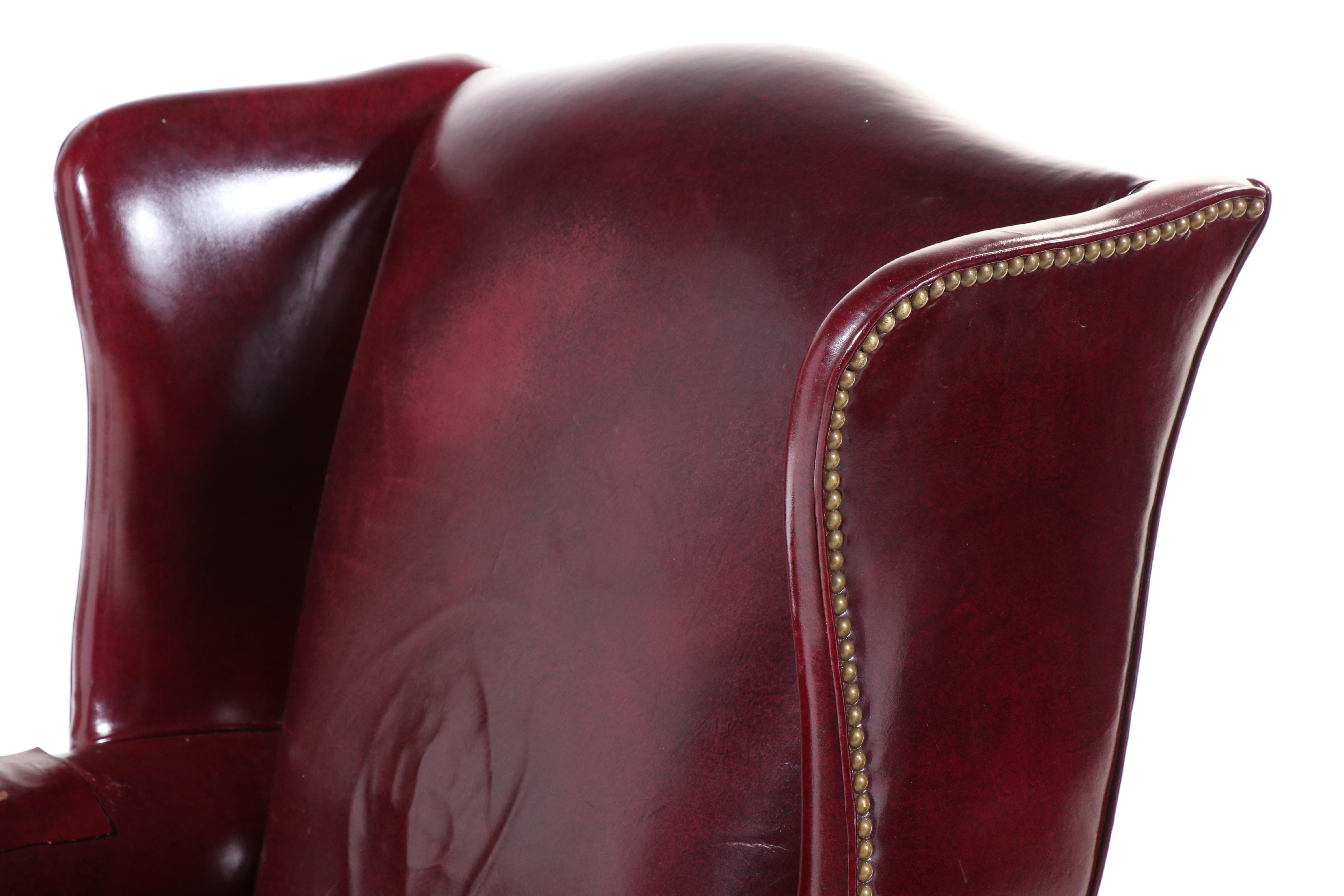 Two Hancock & Moore Chippendale Style Mahogany and Burgundy Leather Wing Chairs