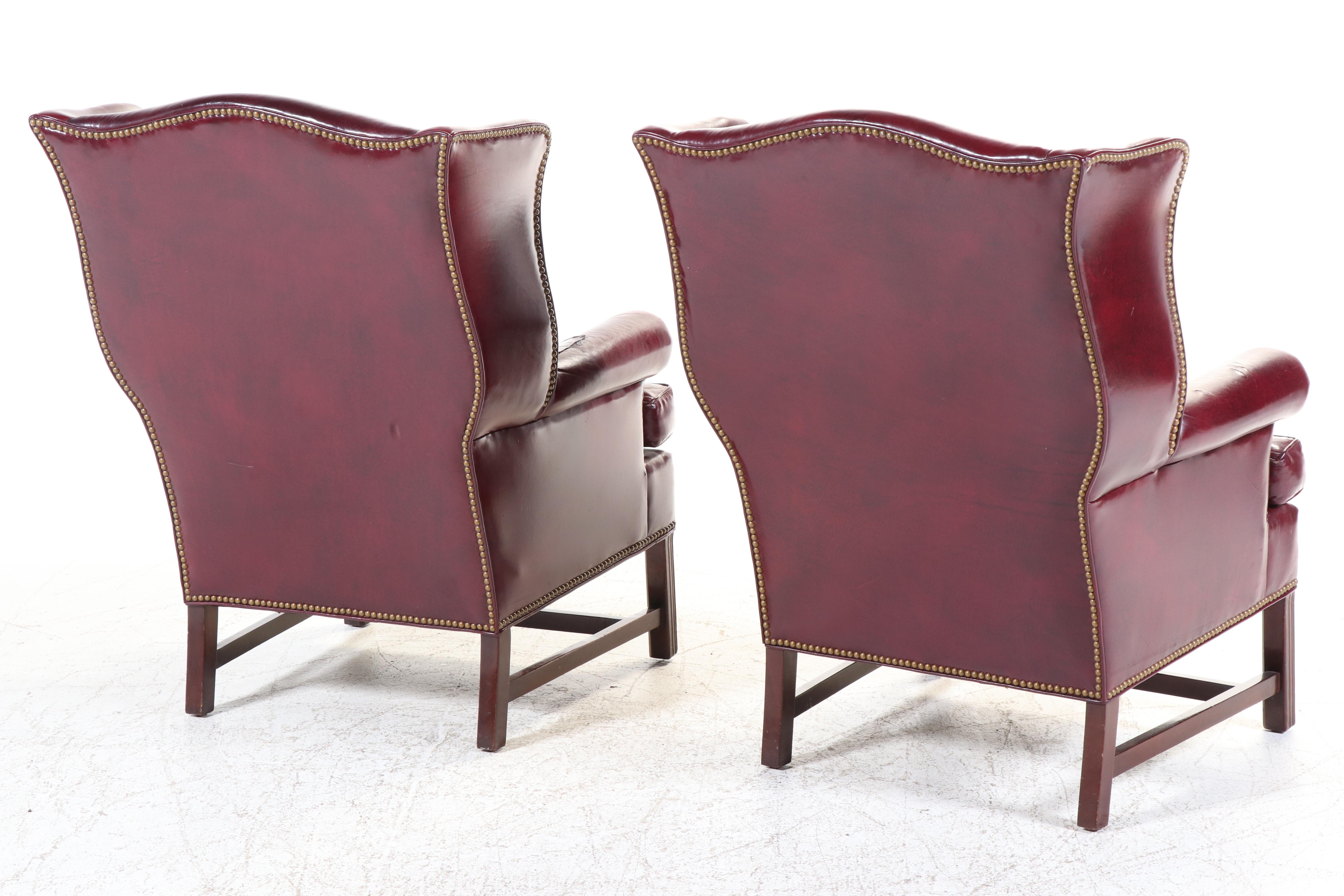 Two Hancock & Moore Chippendale Style Mahogany and Burgundy Leather Wing Chairs