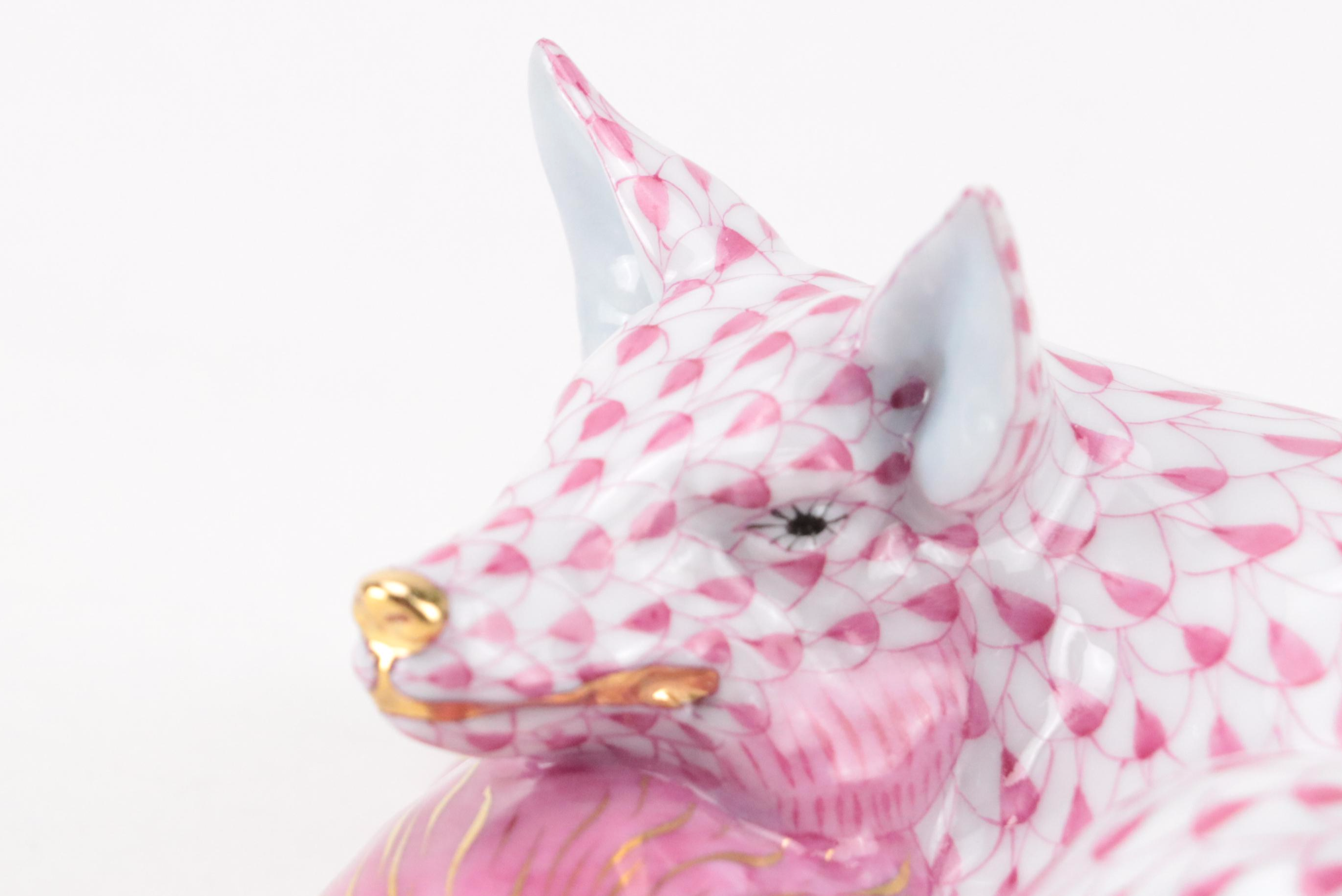 Herend Raspberry Fishnet with Gold "Sleeping Fox" Porcelain Figurine