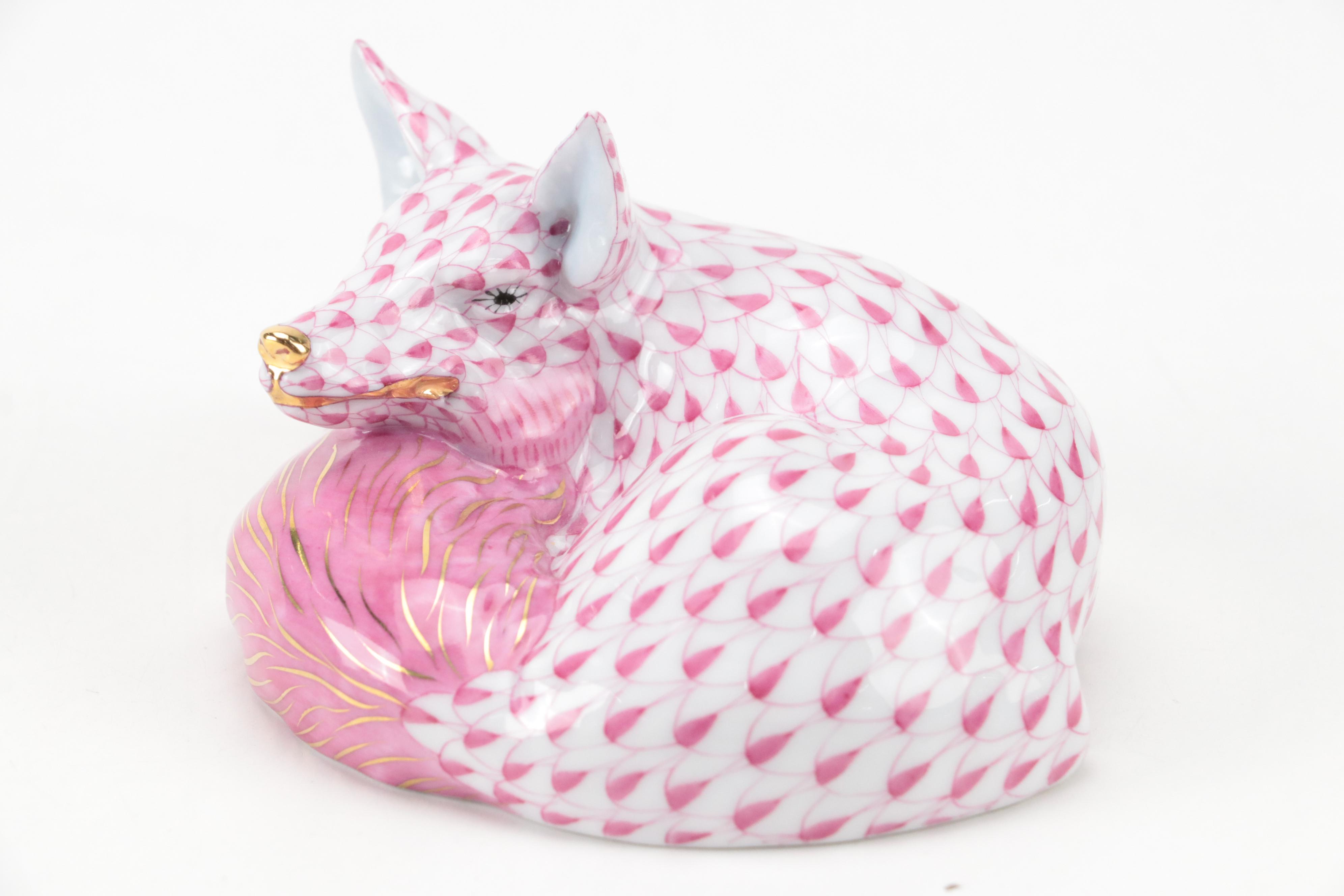 Herend Raspberry Fishnet with Gold "Sleeping Fox" Porcelain Figurine