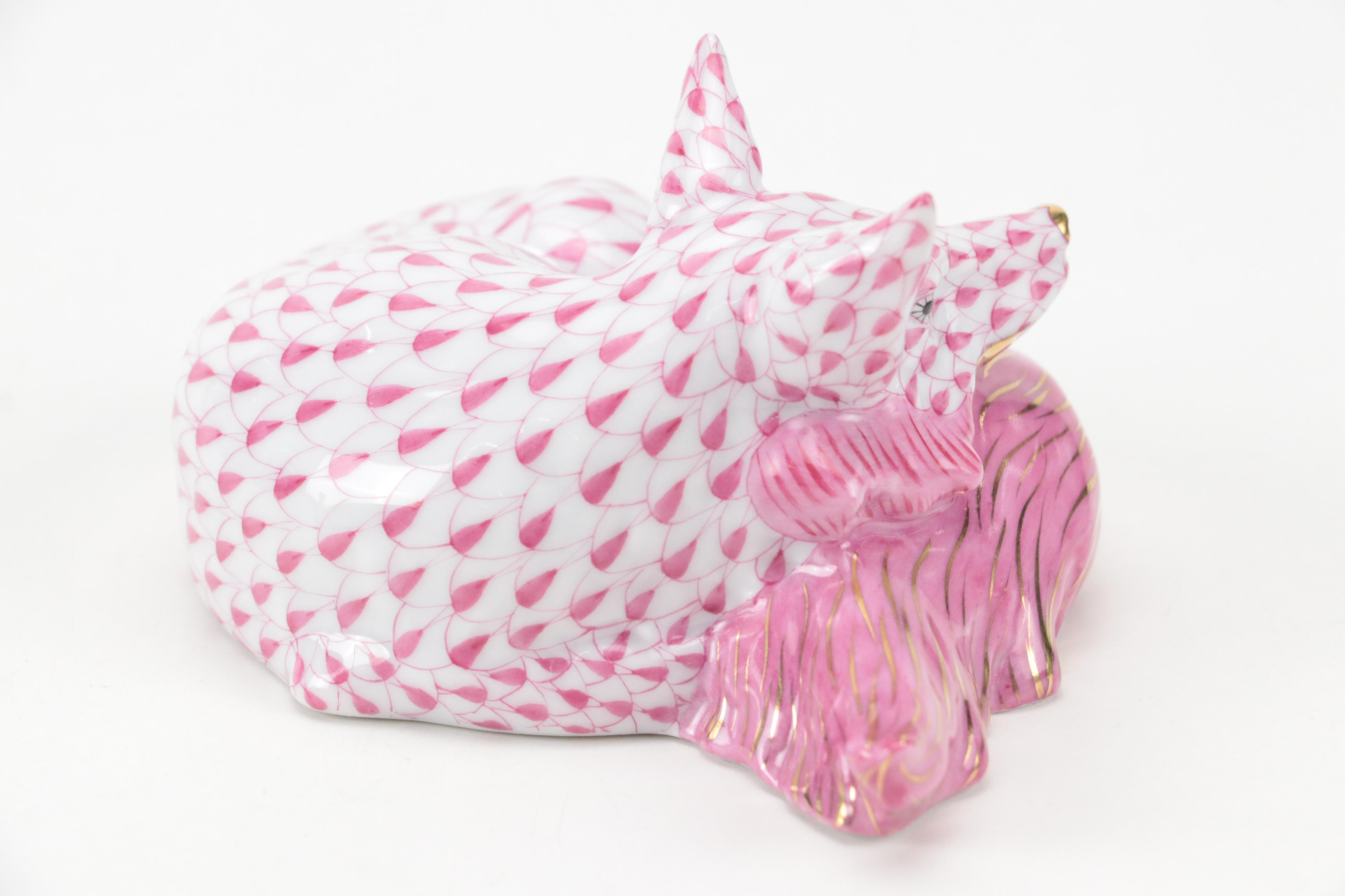 Herend Raspberry Fishnet with Gold "Sleeping Fox" Porcelain Figurine