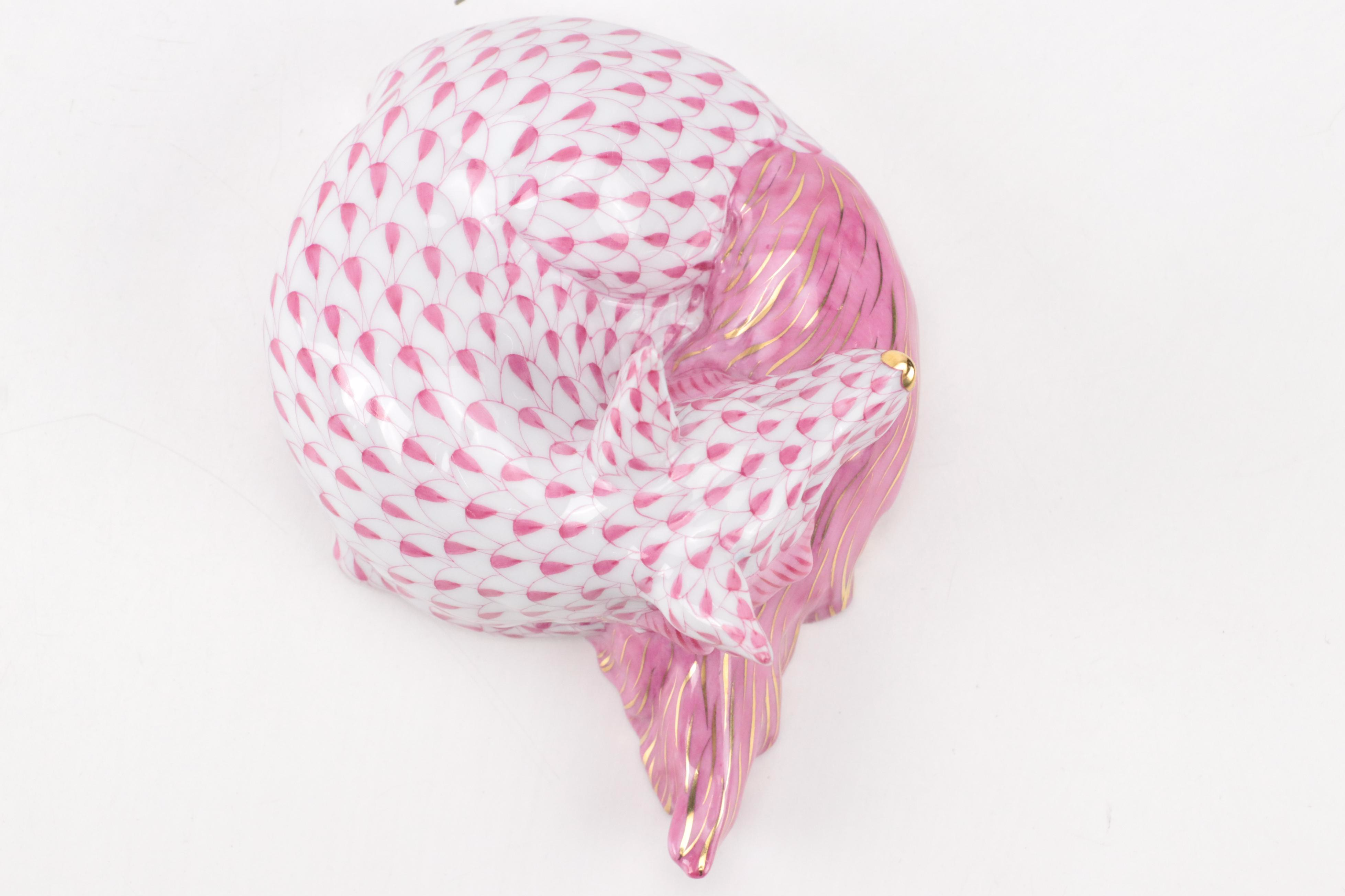 Herend Raspberry Fishnet with Gold "Sleeping Fox" Porcelain Figurine