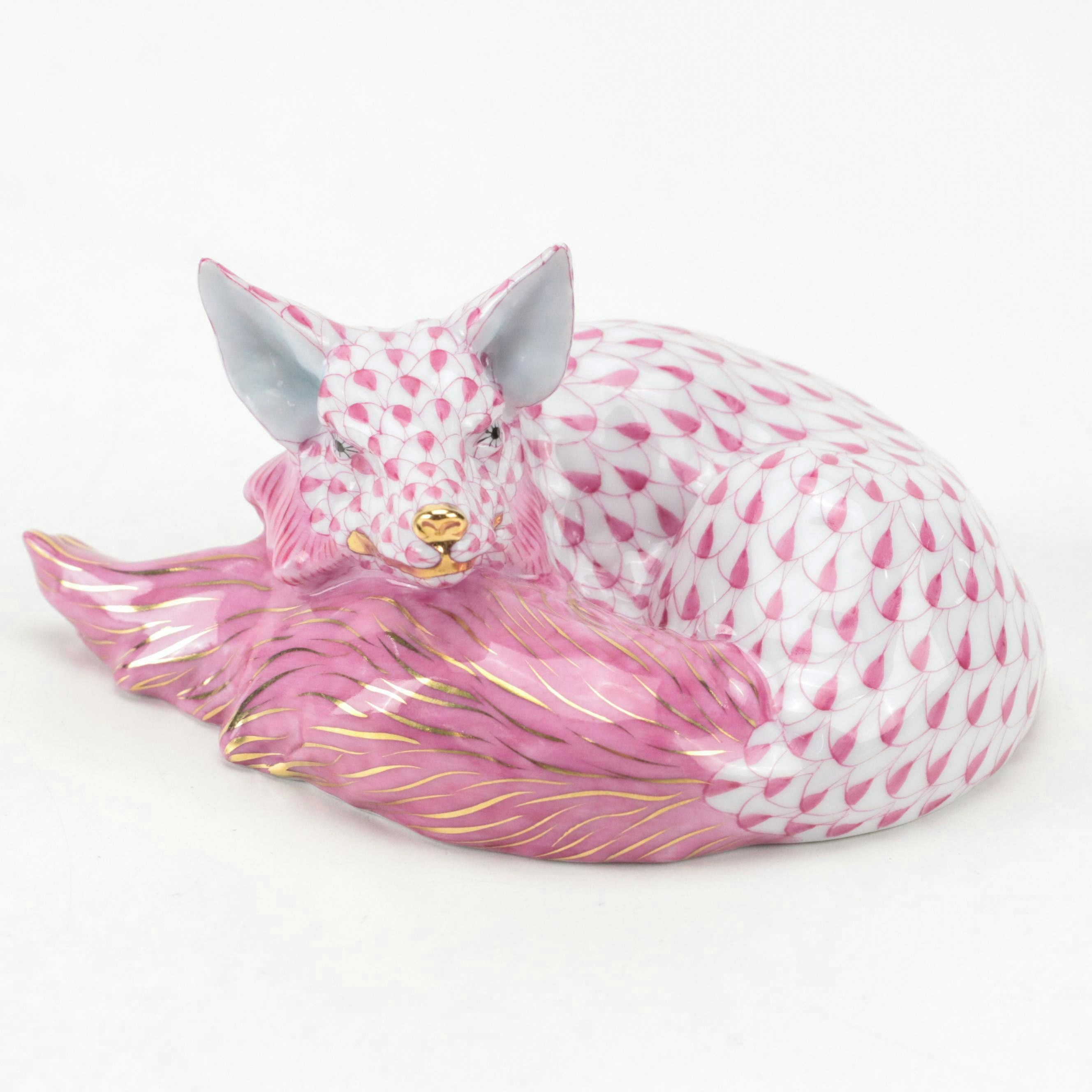 Herend Raspberry Fishnet with Gold "Sleeping Fox" Porcelain Figurine