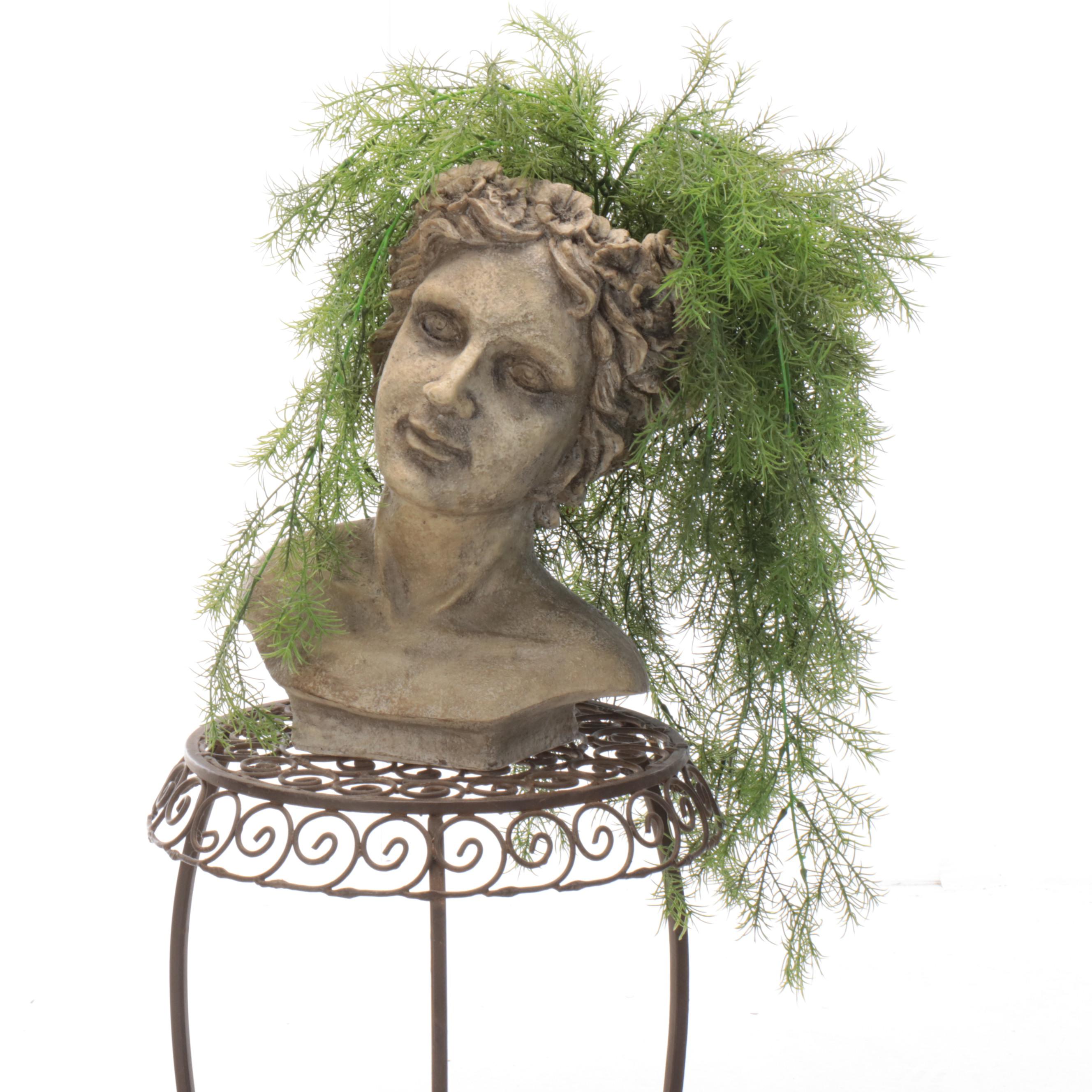 Resin Bust Planter with Artificial Plant and Metal Plant Stand