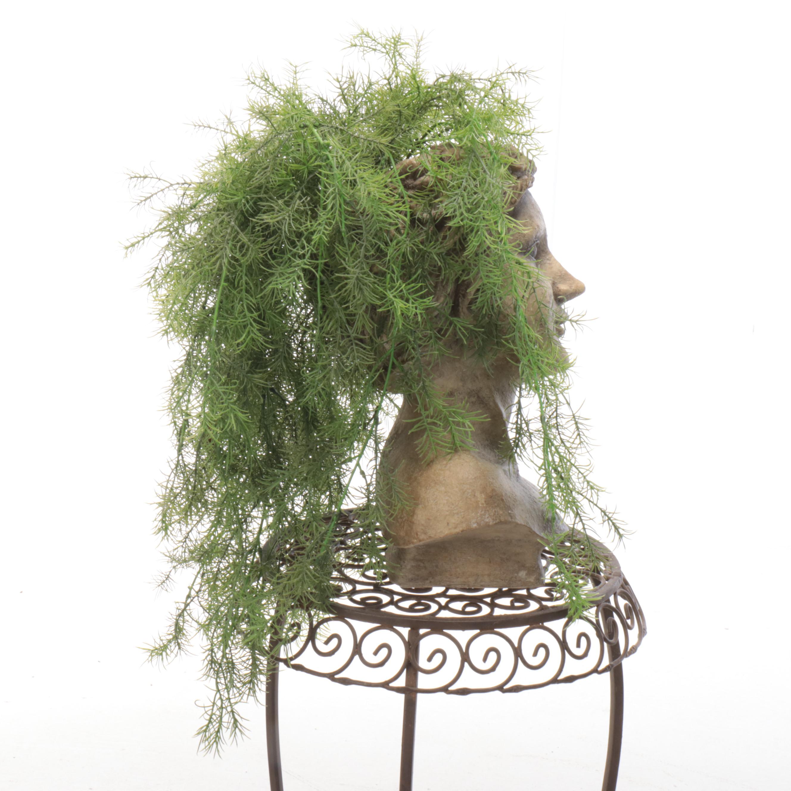 Resin Bust Planter with Artificial Plant and Metal Plant Stand