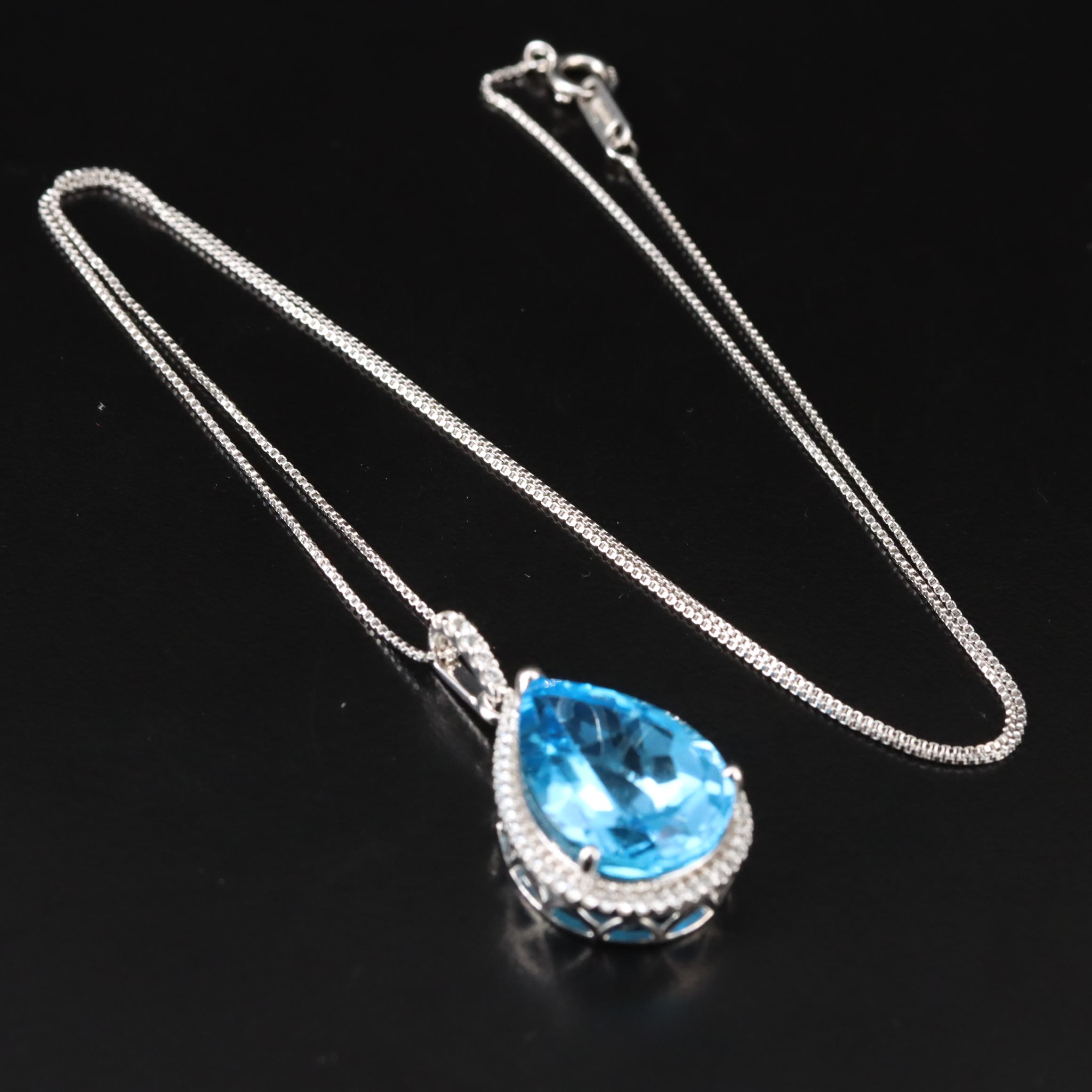Sterling Swiss Blue Topaz and White Topaz Pendant Necklace