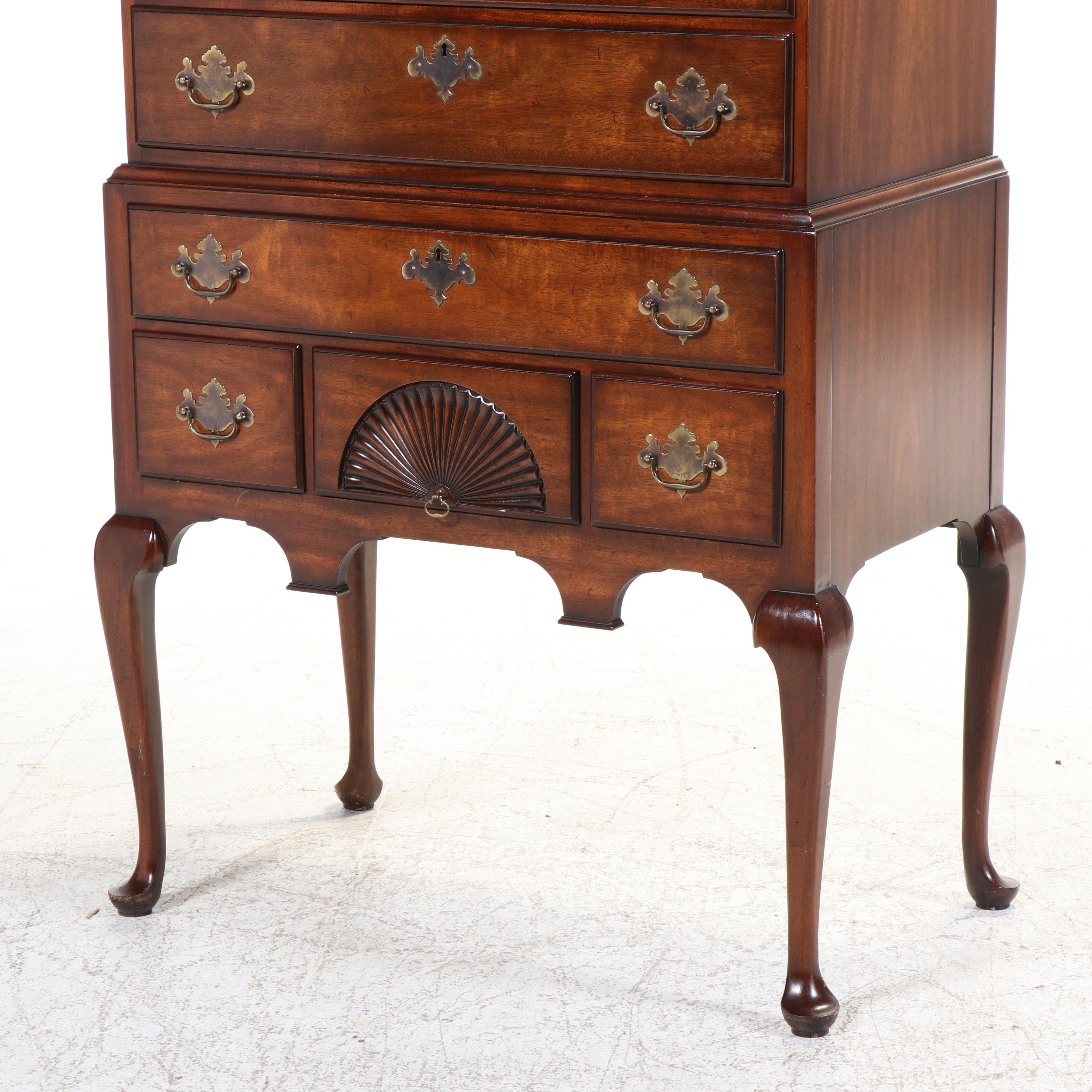 Kindel Queen Anne Style Mahogany Bonnet-Top Highboy, Late 20th Century