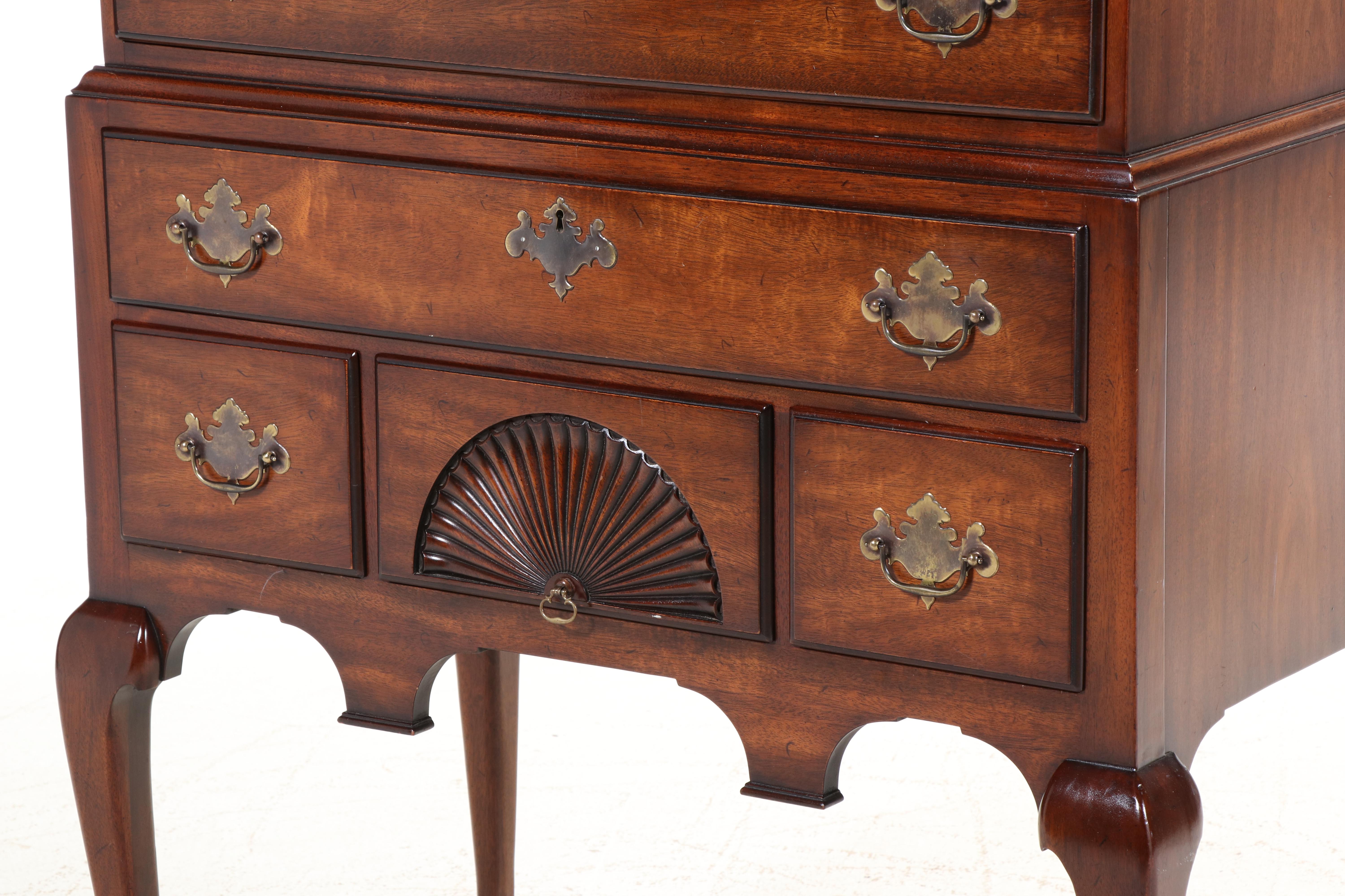 Kindel Queen Anne Style Mahogany Bonnet-Top Highboy, Late 20th Century