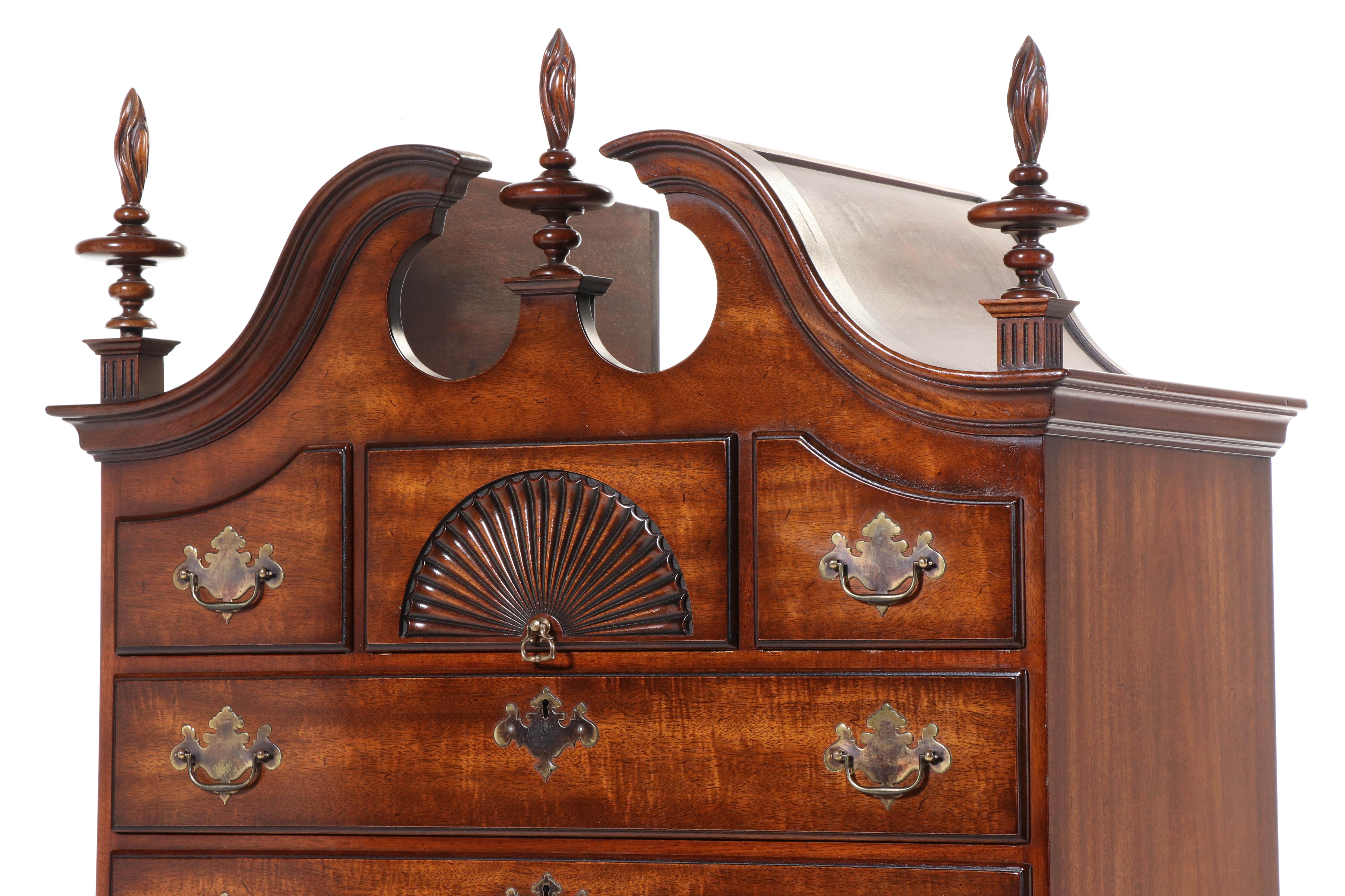 Kindel Queen Anne Style Mahogany Bonnet-Top Highboy, Late 20th Century