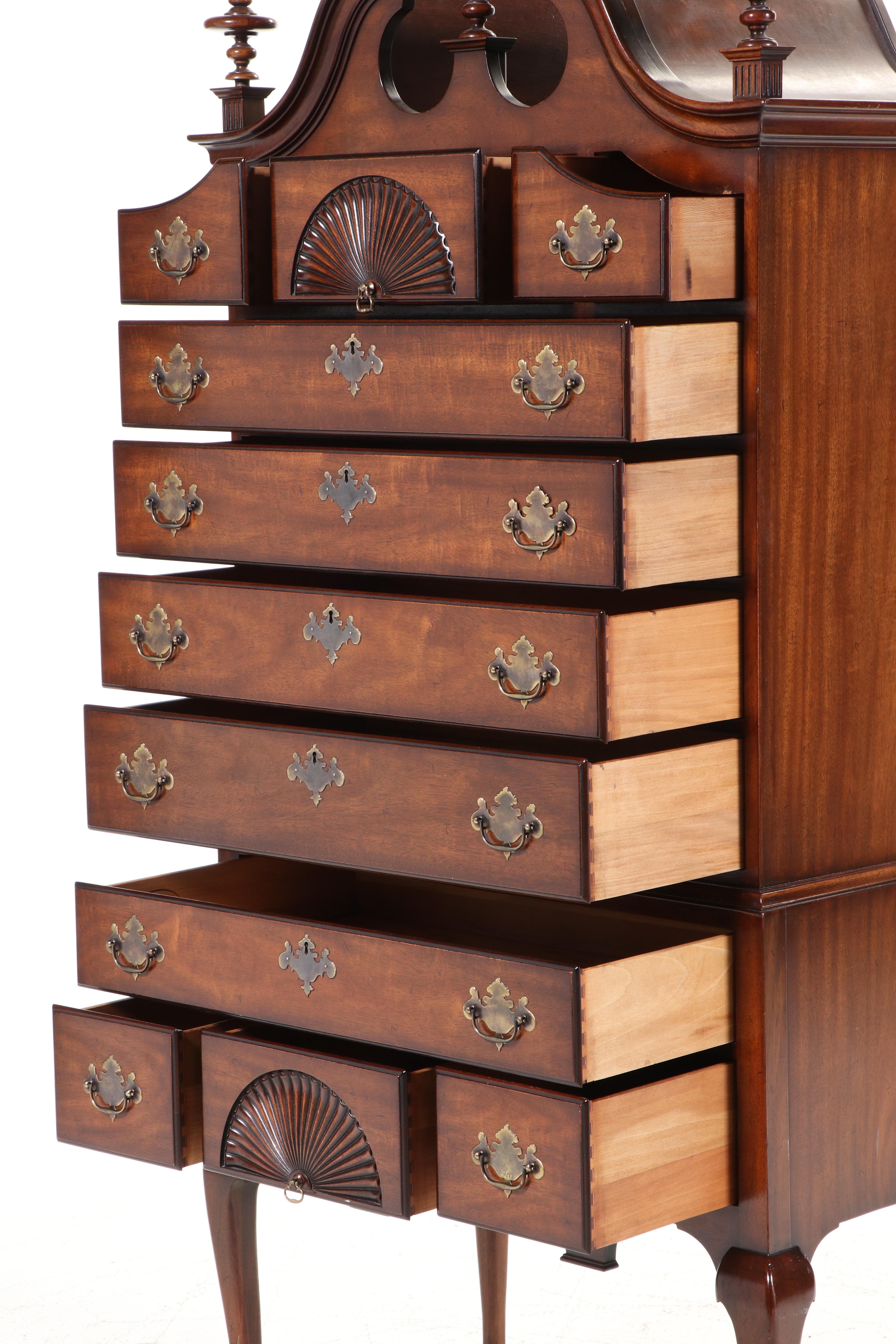 Kindel Queen Anne Style Mahogany Bonnet-Top Highboy, Late 20th Century