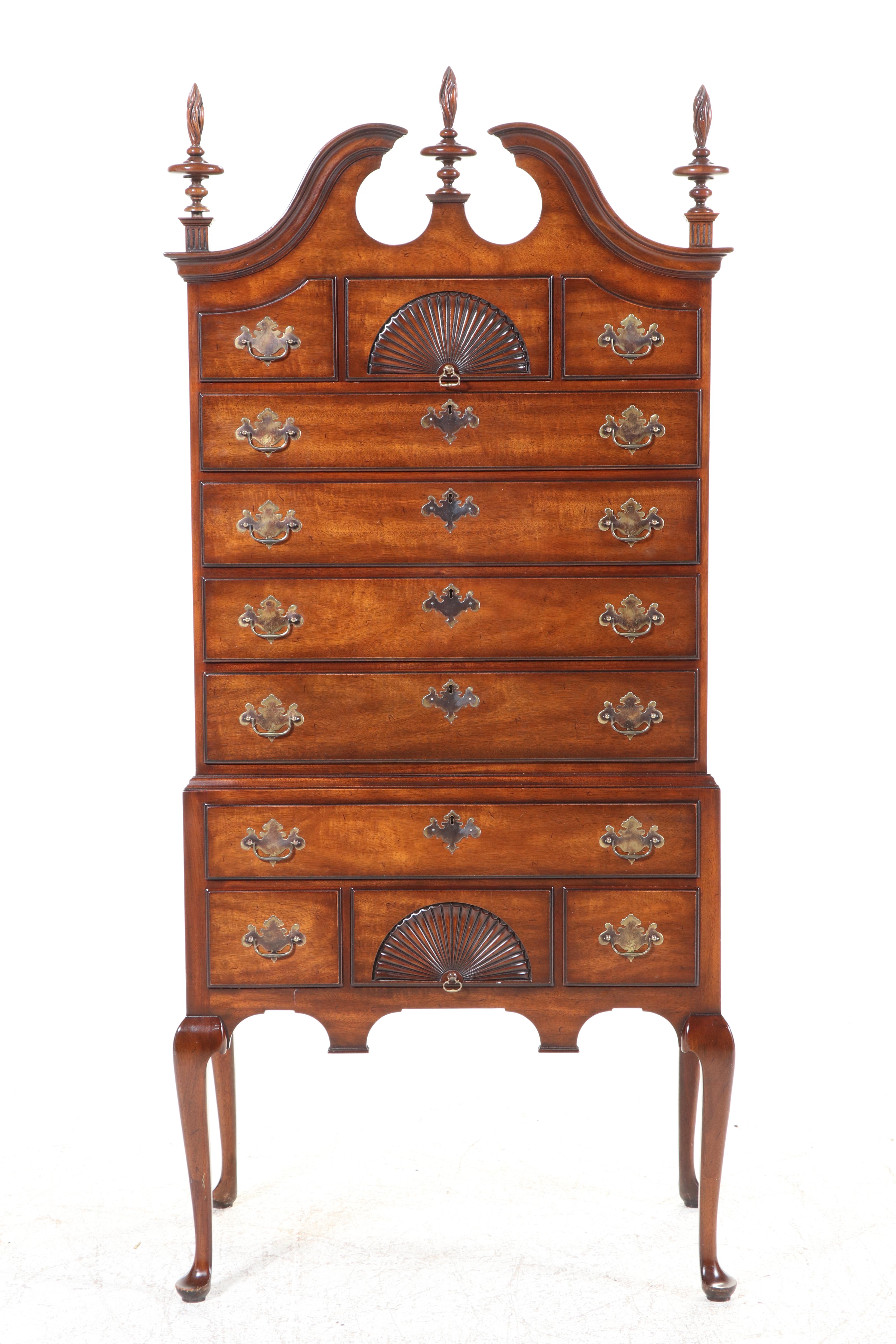Kindel Queen Anne Style Mahogany Bonnet-Top Highboy, Late 20th Century
