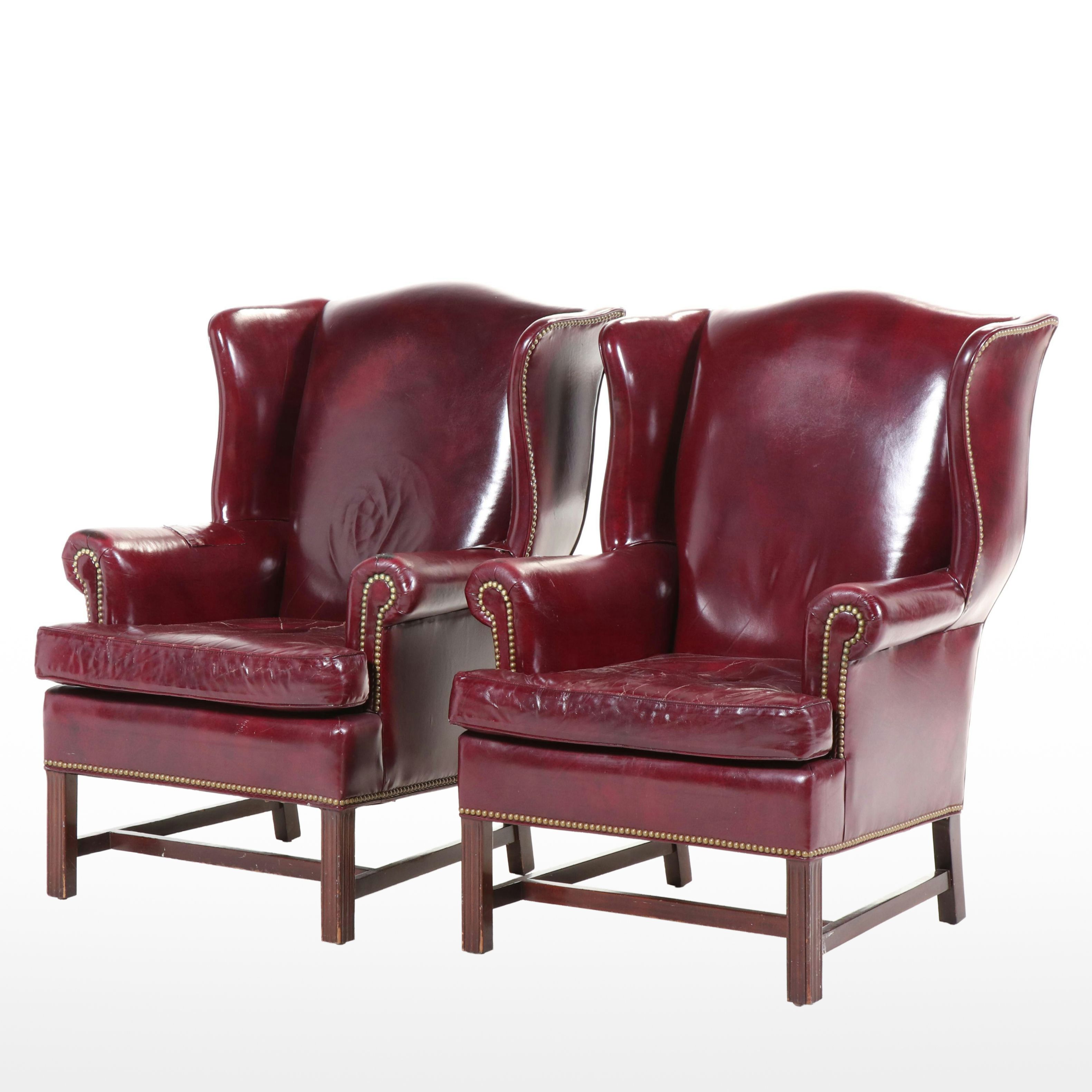Two Hancock & Moore Chippendale Style Mahogany and Burgundy Leather Wing Chairs