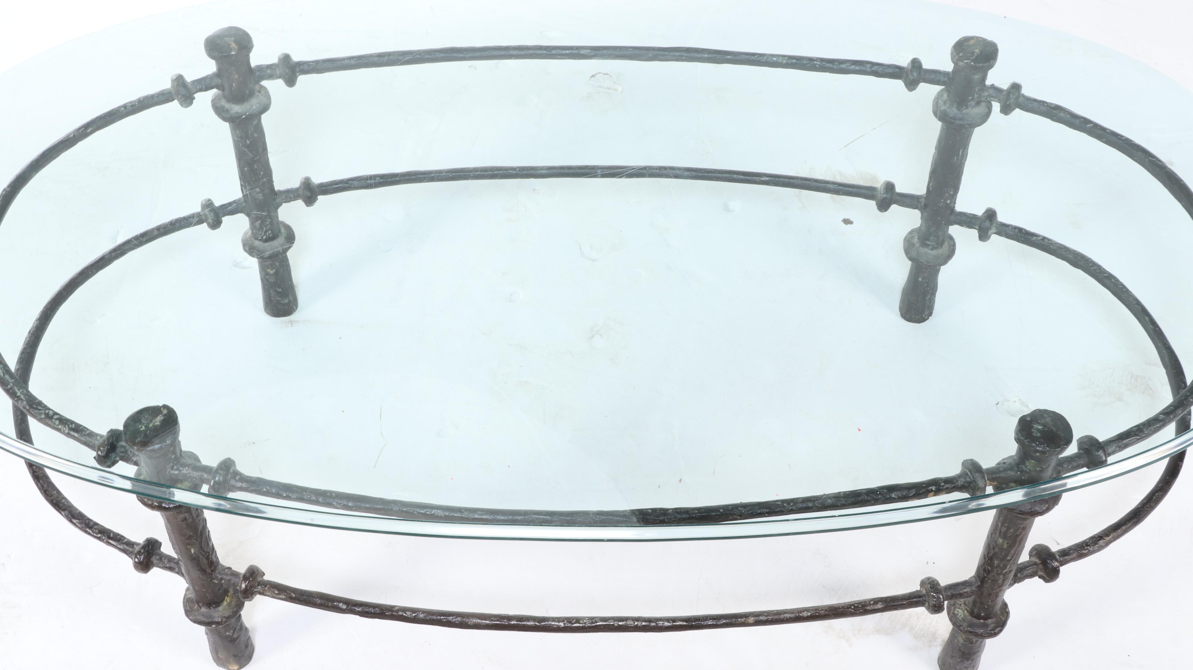 Brutalist Style Coffee Table with Textured Metal Base and Glass Top