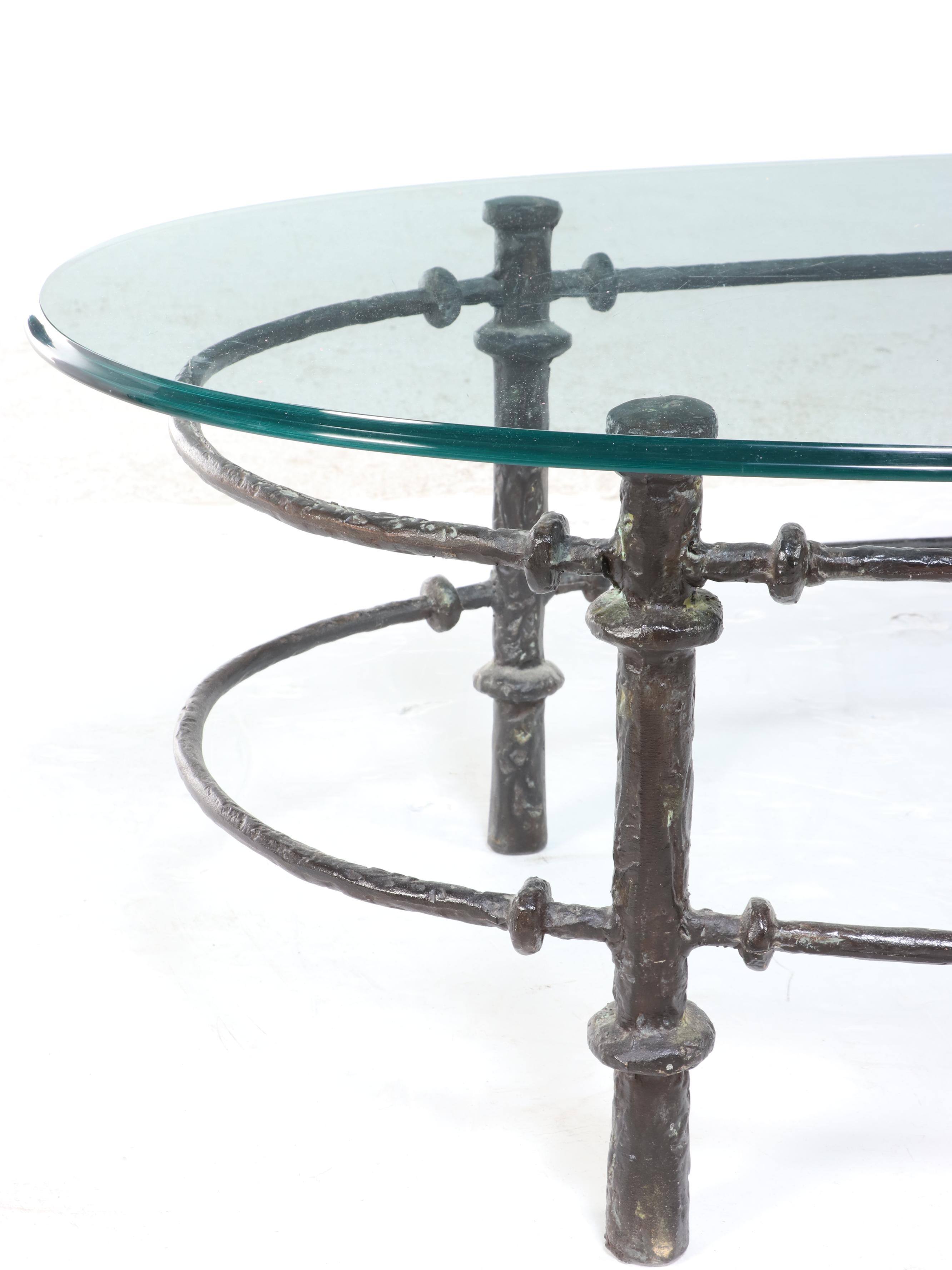 Brutalist Style Coffee Table with Textured Metal Base and Glass Top