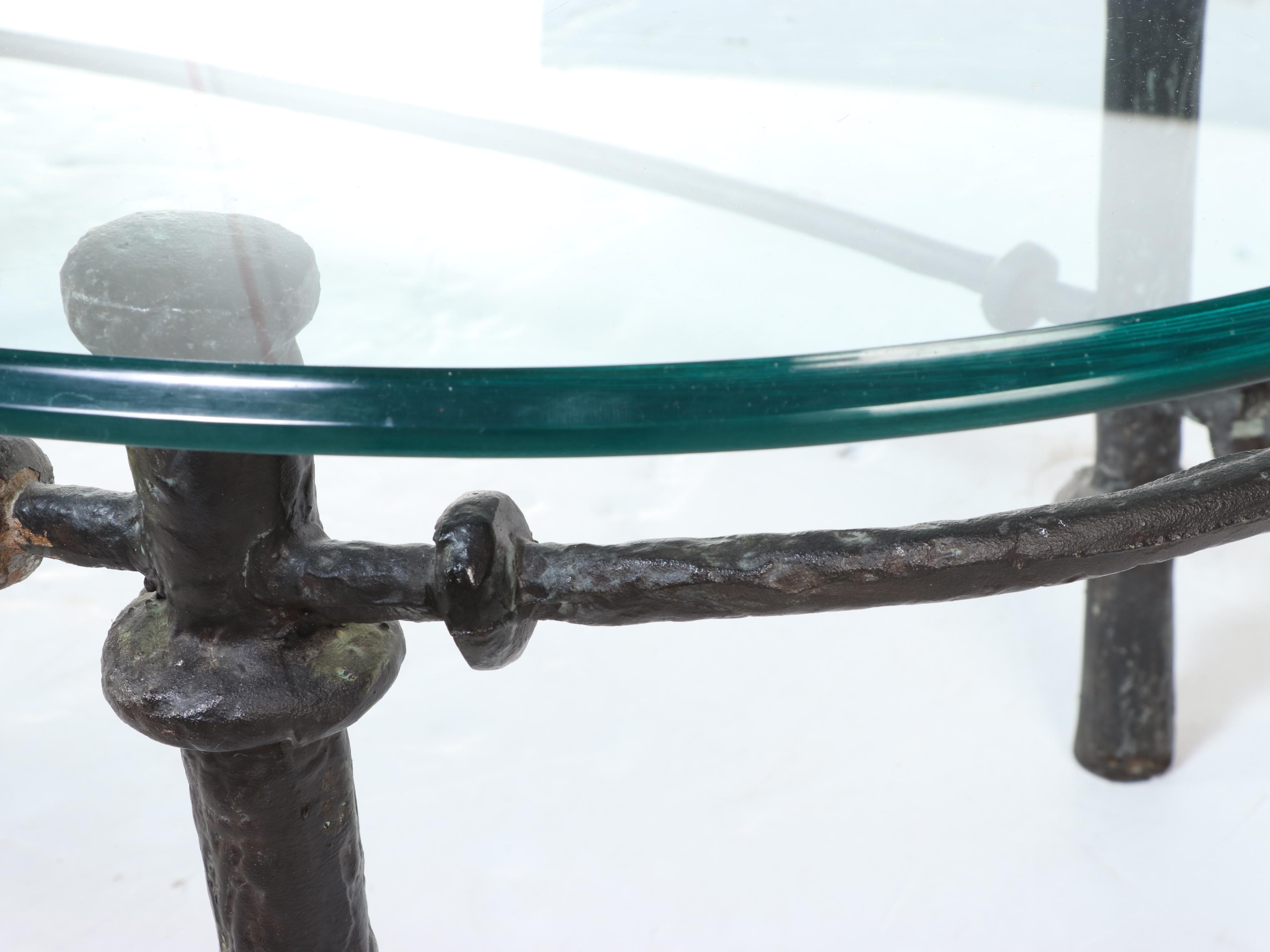 Brutalist Style Coffee Table with Textured Metal Base and Glass Top