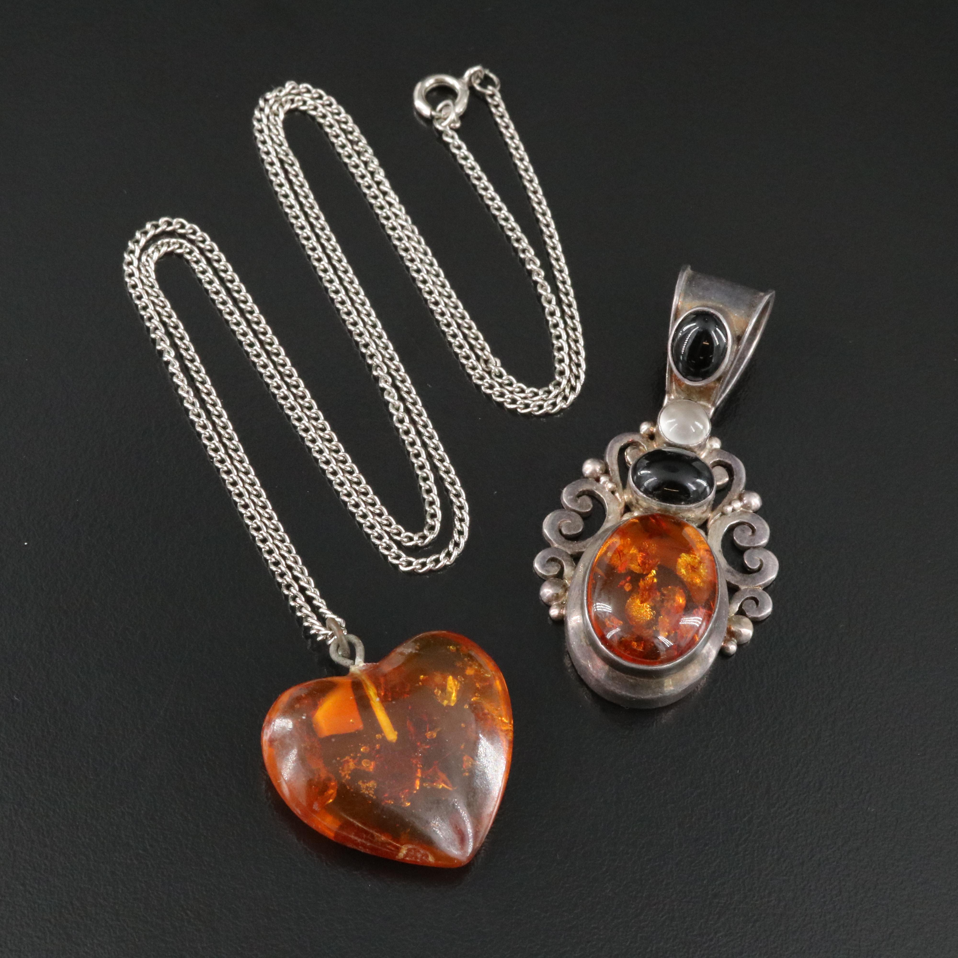 Sterling Ambroid, Black Onyx and Moonstone Pendant with Heart Necklace