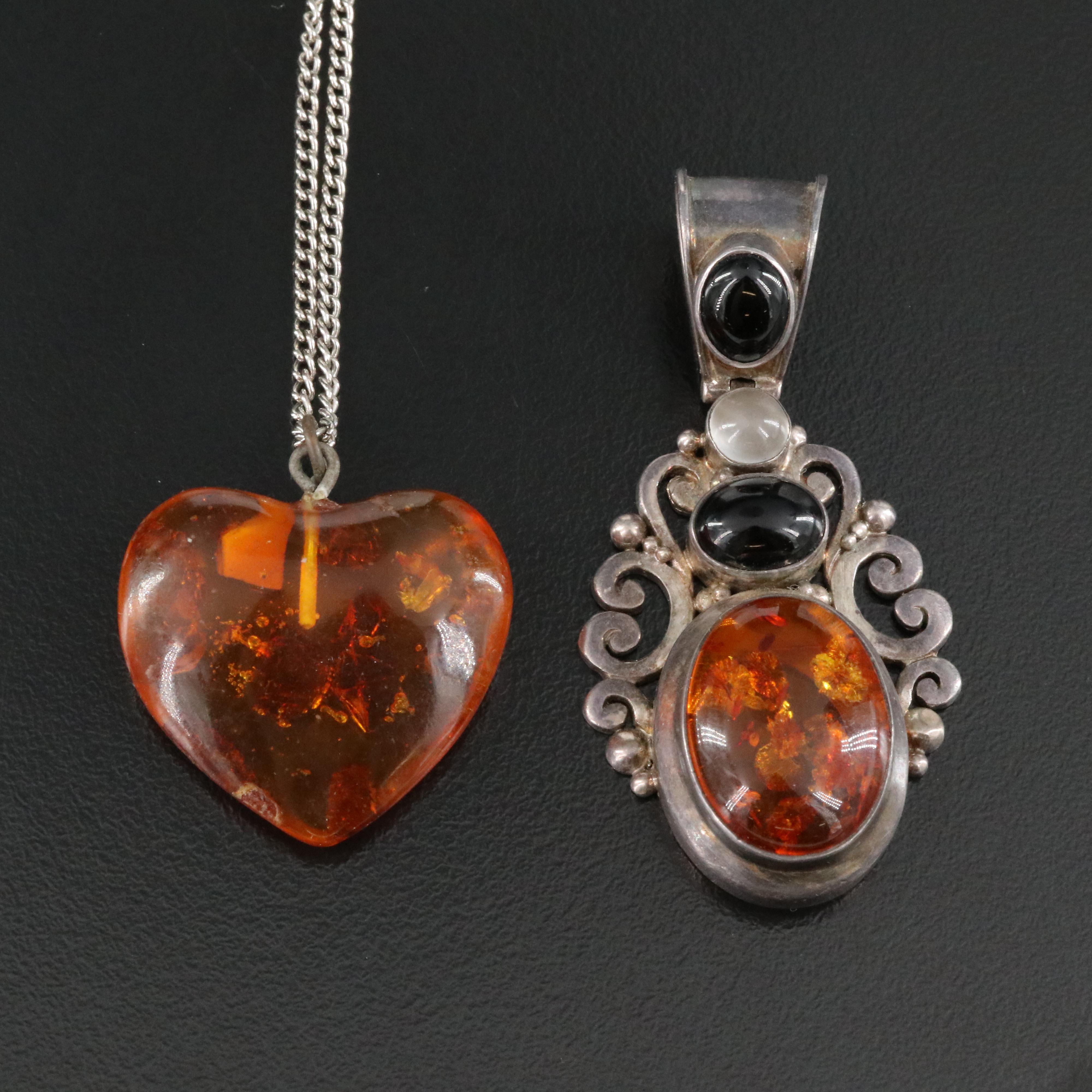 Sterling Ambroid, Black Onyx and Moonstone Pendant with Heart Necklace