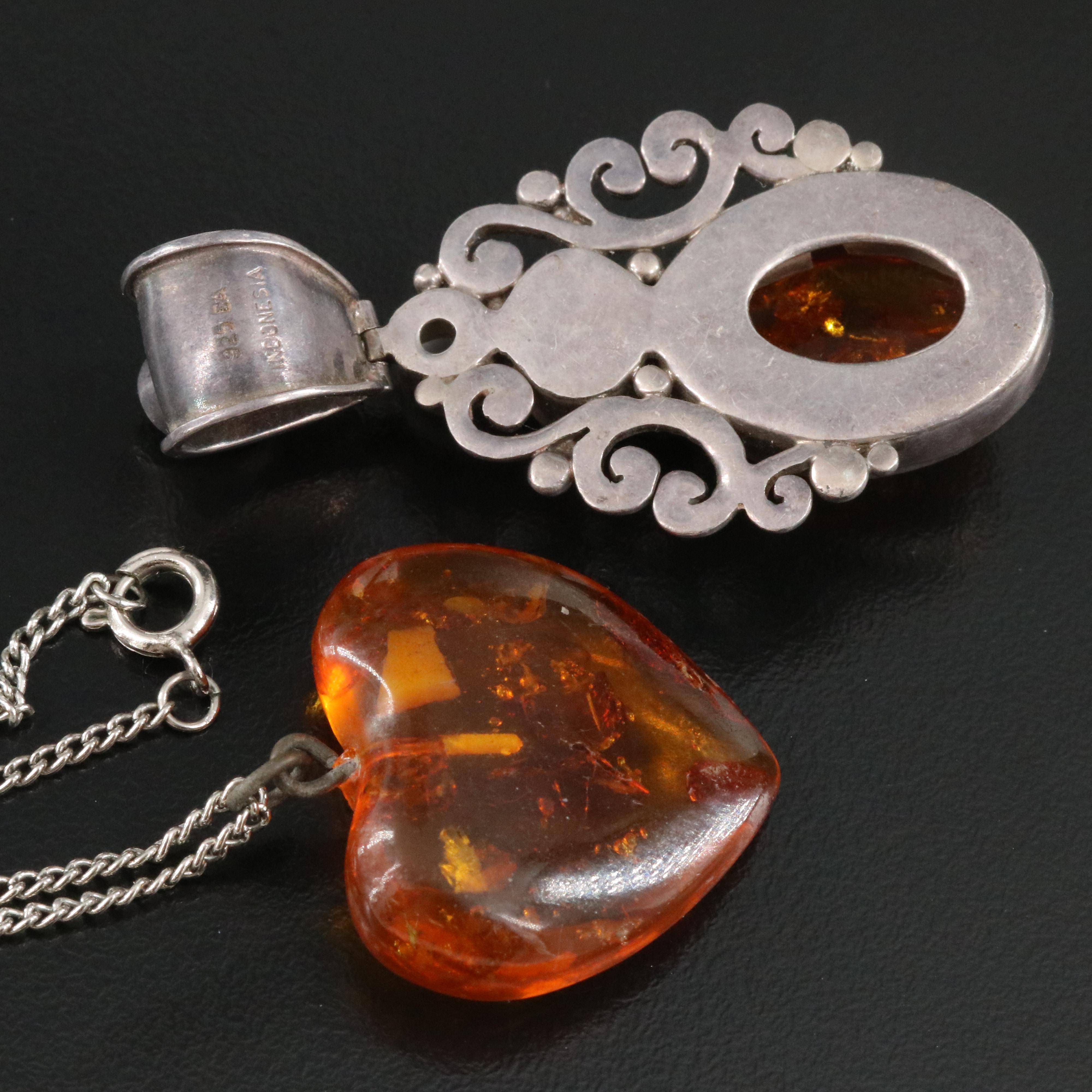 Sterling Ambroid, Black Onyx and Moonstone Pendant with Heart Necklace