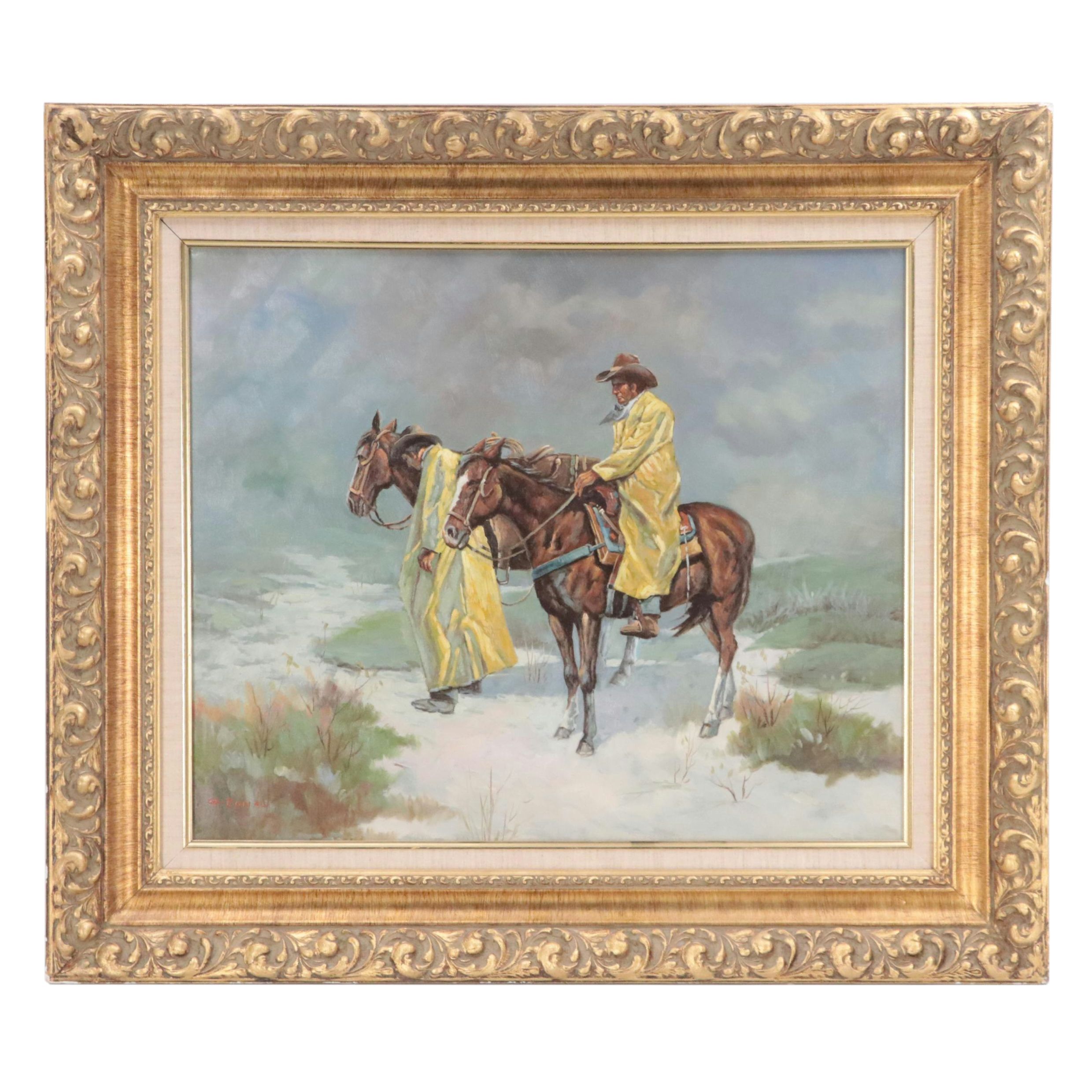 Western Genre Oil Painting of Cowboys in the Snow