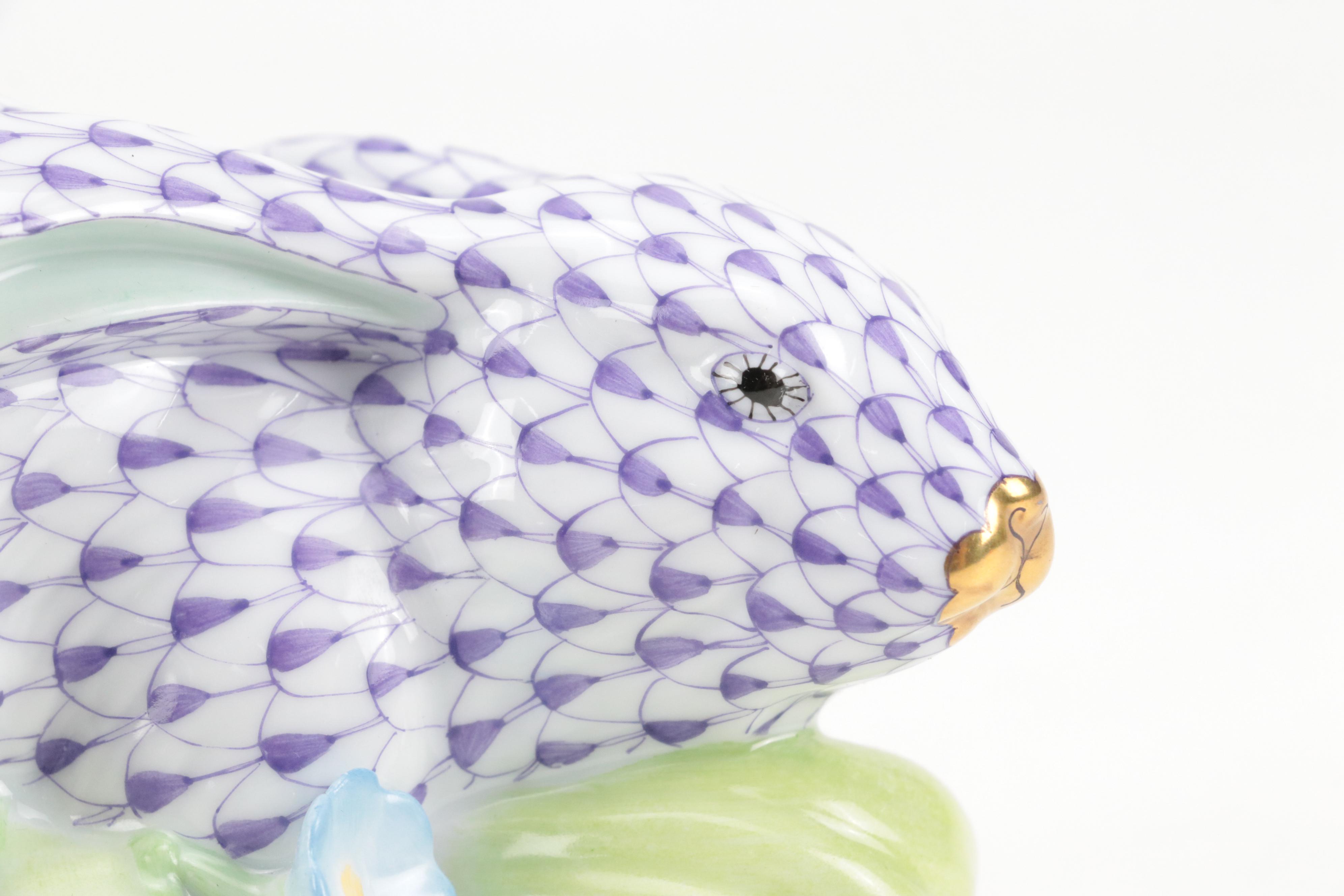 Herend Purple Fishnet with Gold "Rabbit In Grass" Porcelain Figurine