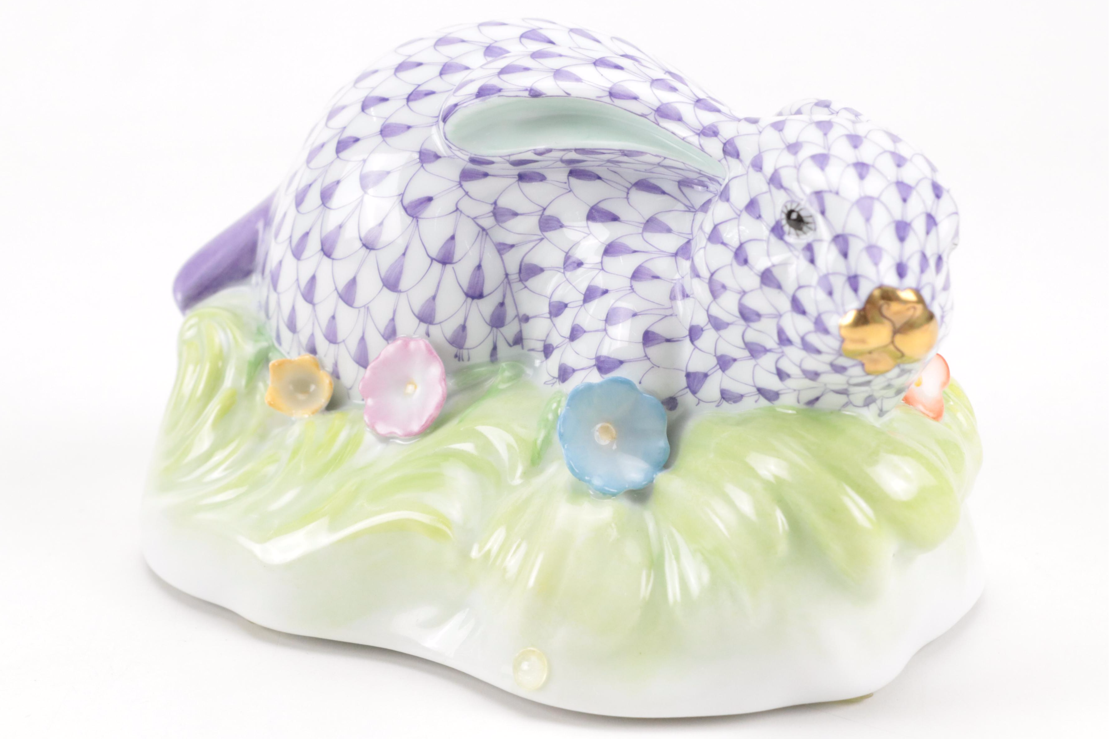 Herend Purple Fishnet with Gold "Rabbit In Grass" Porcelain Figurine