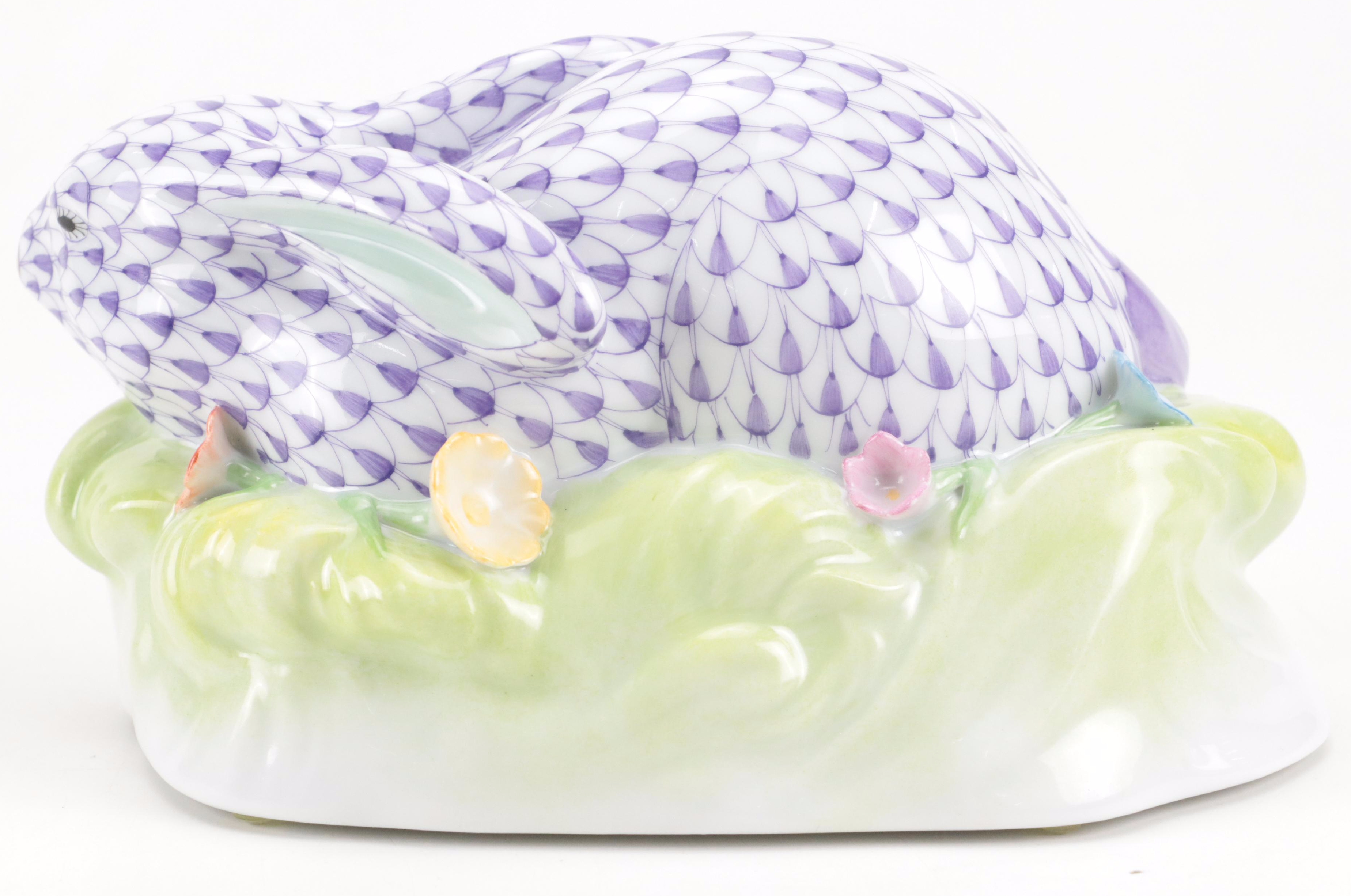 Herend Purple Fishnet with Gold "Rabbit In Grass" Porcelain Figurine