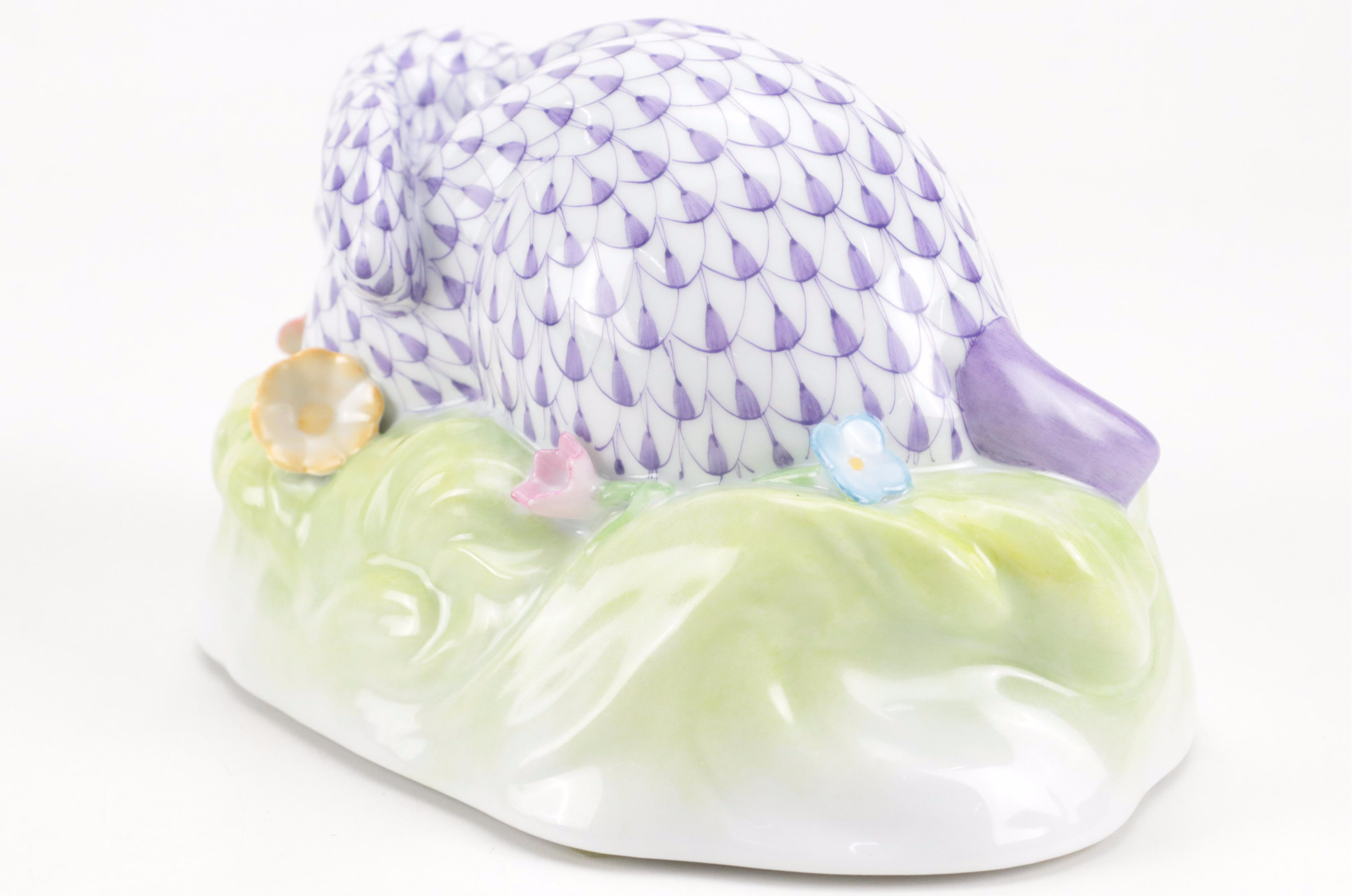 Herend Purple Fishnet with Gold "Rabbit In Grass" Porcelain Figurine