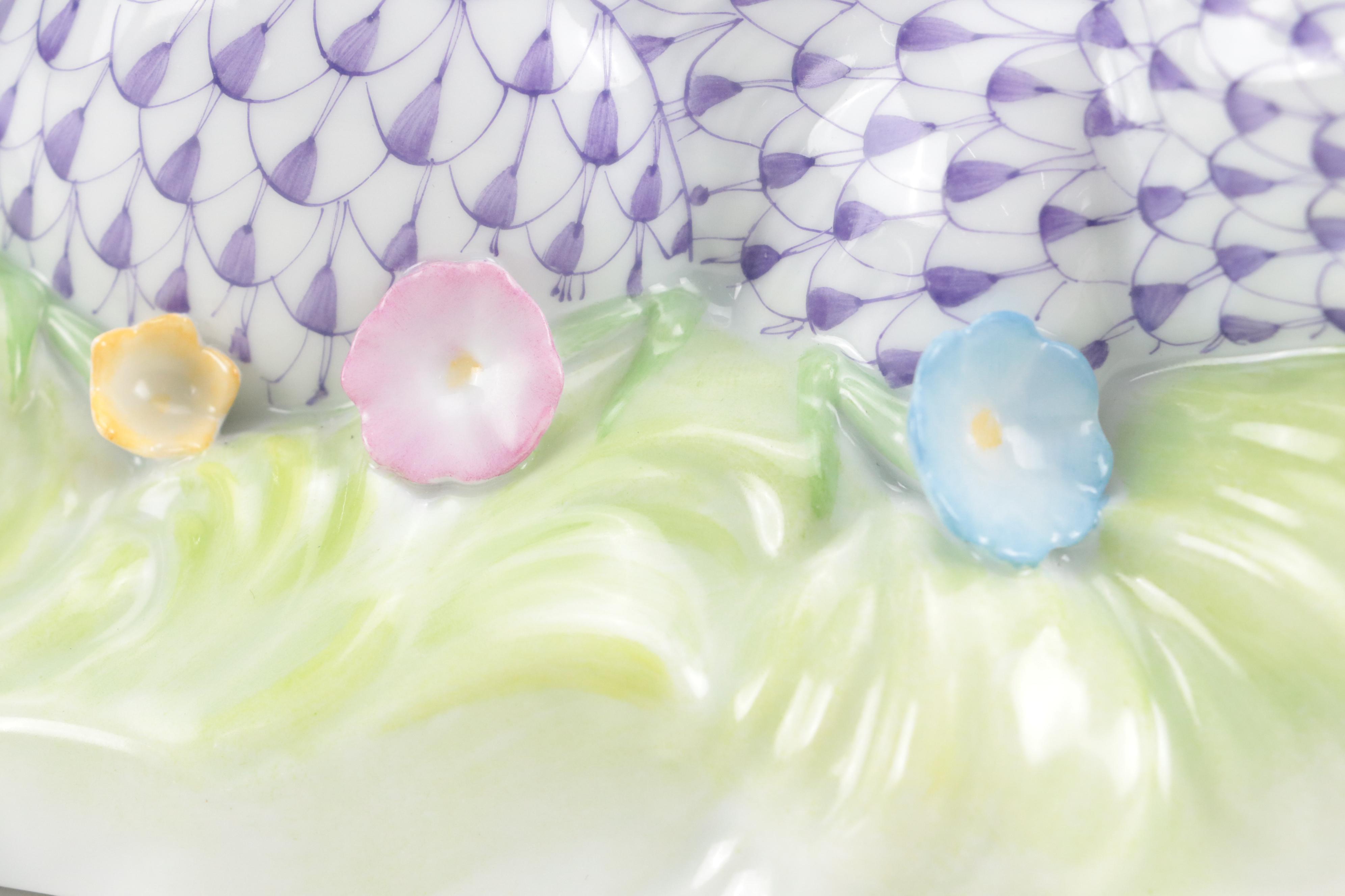 Herend Purple Fishnet with Gold "Rabbit In Grass" Porcelain Figurine