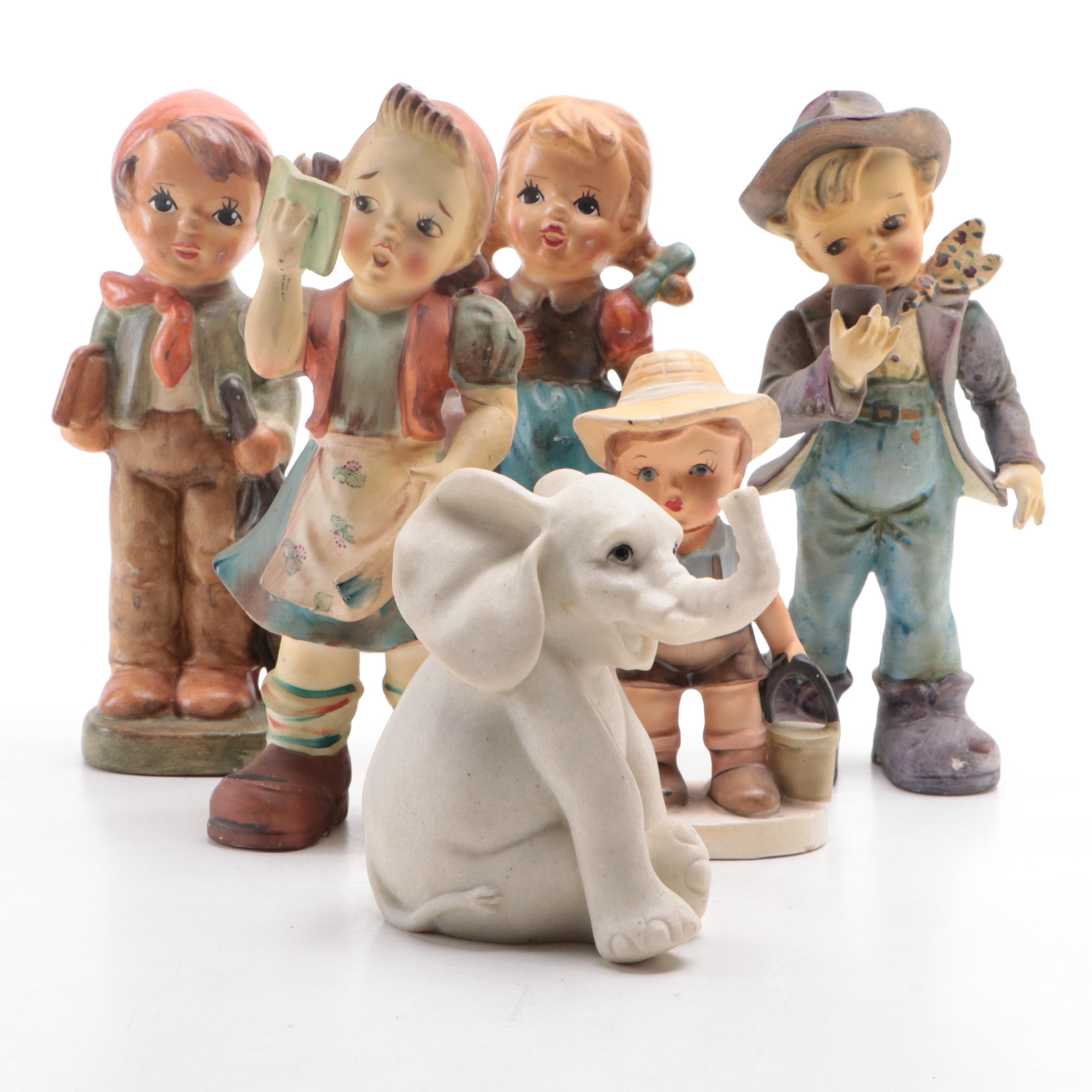 Arnart, Thames Hand-Painted and Other Porcelain Figurines with Resin Elephant