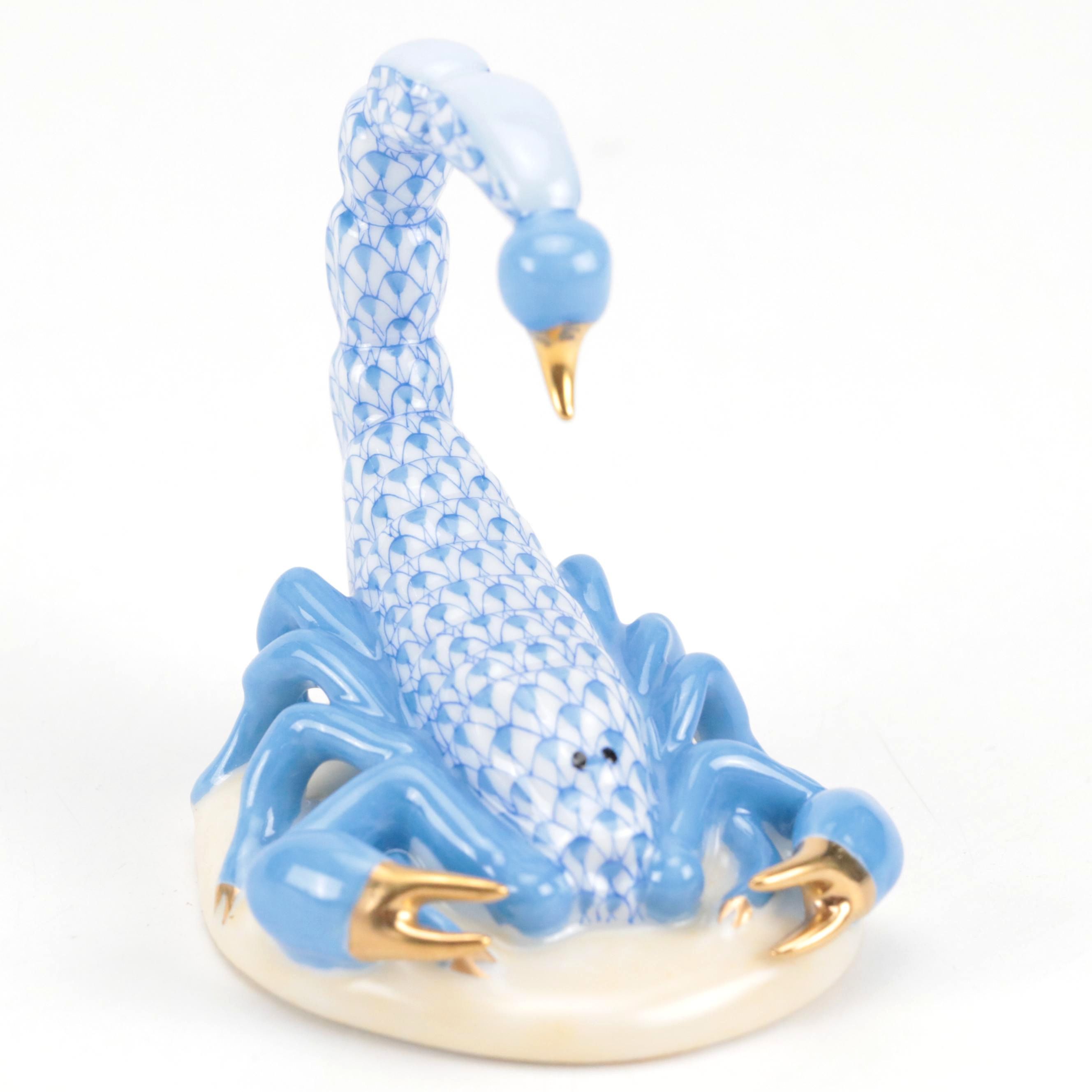 Herend Blue Fishnet with Gold "Scorpions" Porcelain Figurine
