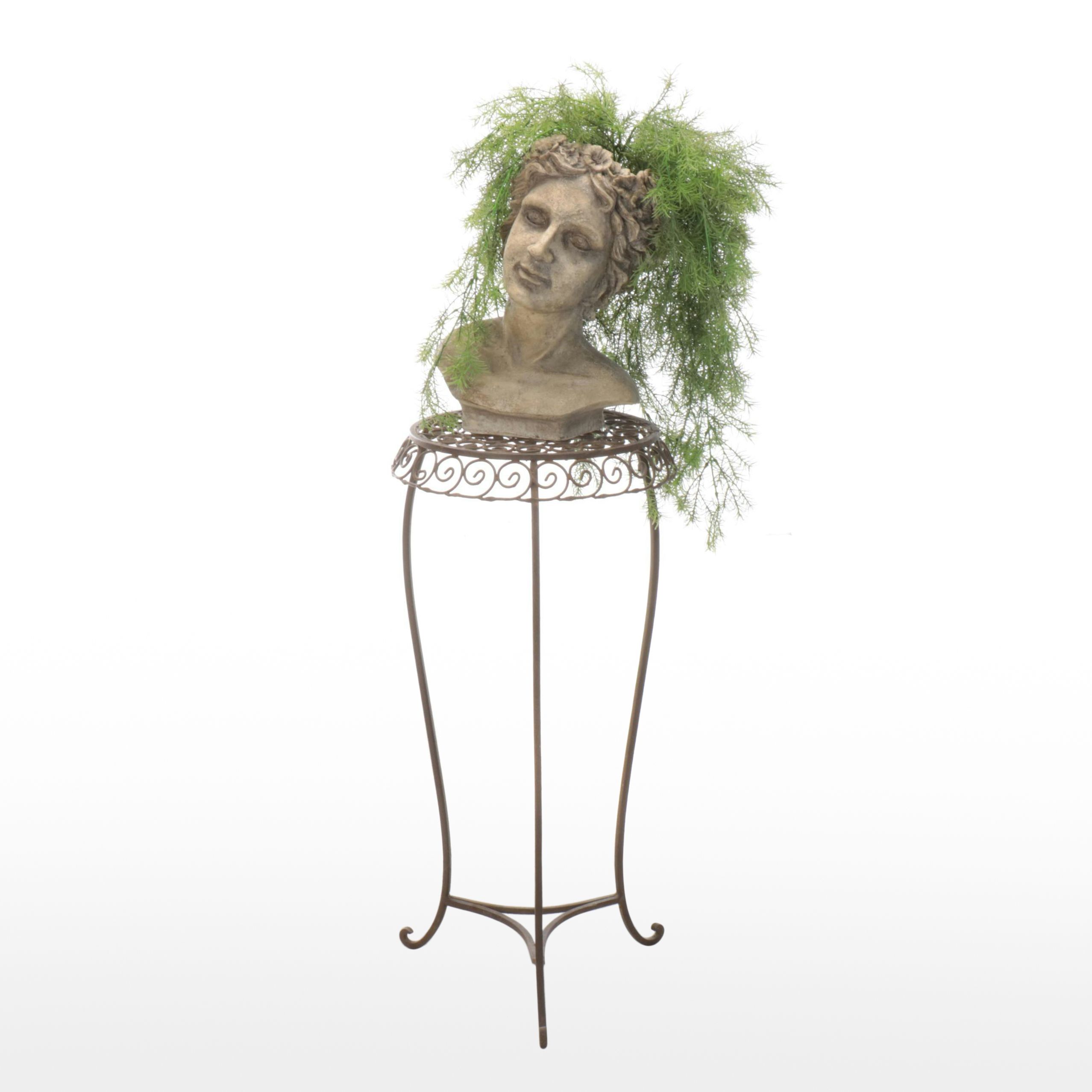 Resin Bust Planter with Artificial Plant and Metal Plant Stand