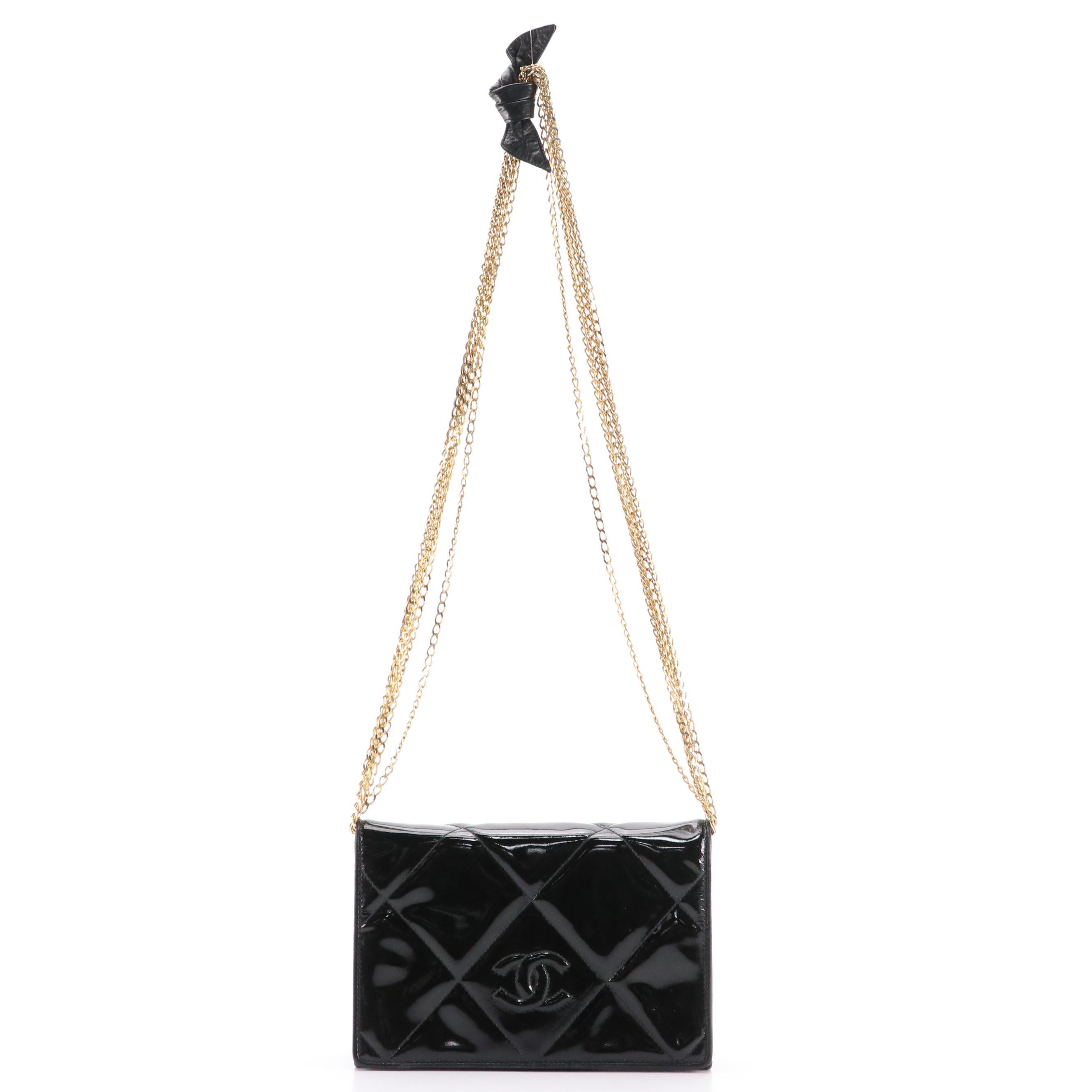 Chanel Vintage Quilted Patent Leather Multi-Chain Strap Flap Bag, With Box