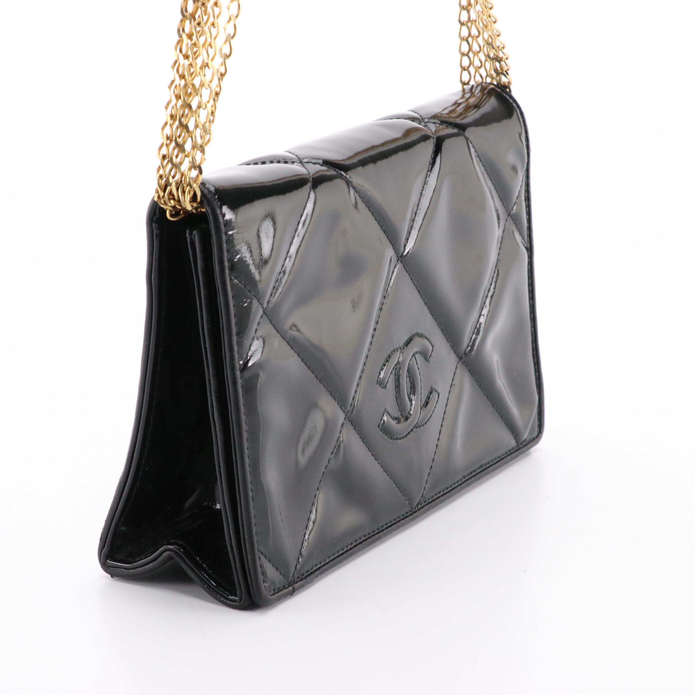 Chanel Vintage Quilted Patent Leather Multi-Chain Strap Flap Bag, With Box