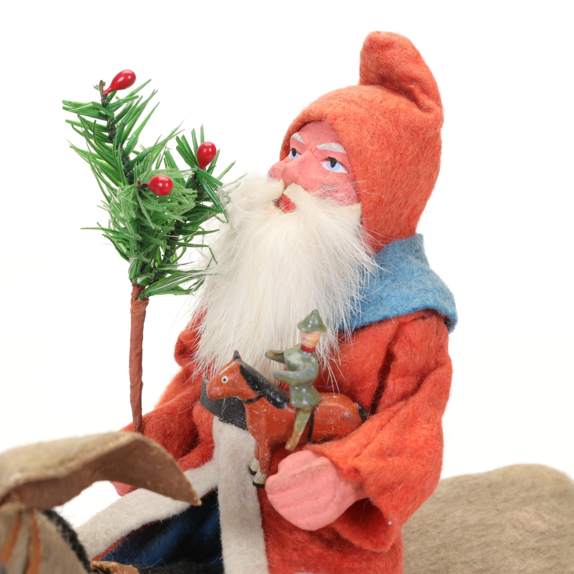 German Santa with Feather Tree on a Nodding Donkey Figurine, Early 20th Century