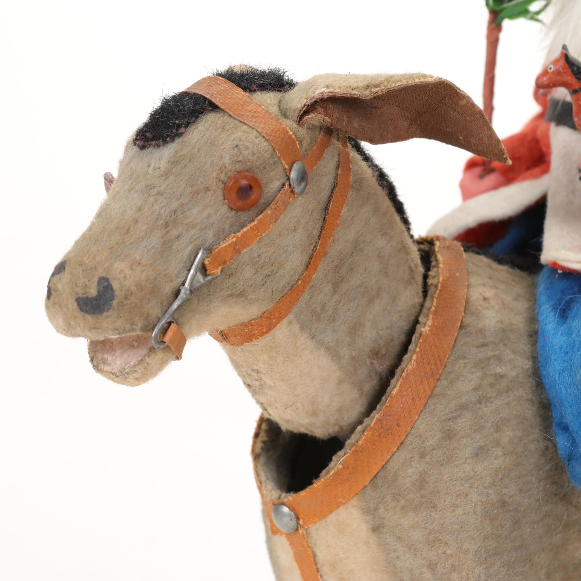 German Santa with Feather Tree on a Nodding Donkey Figurine, Early 20th Century