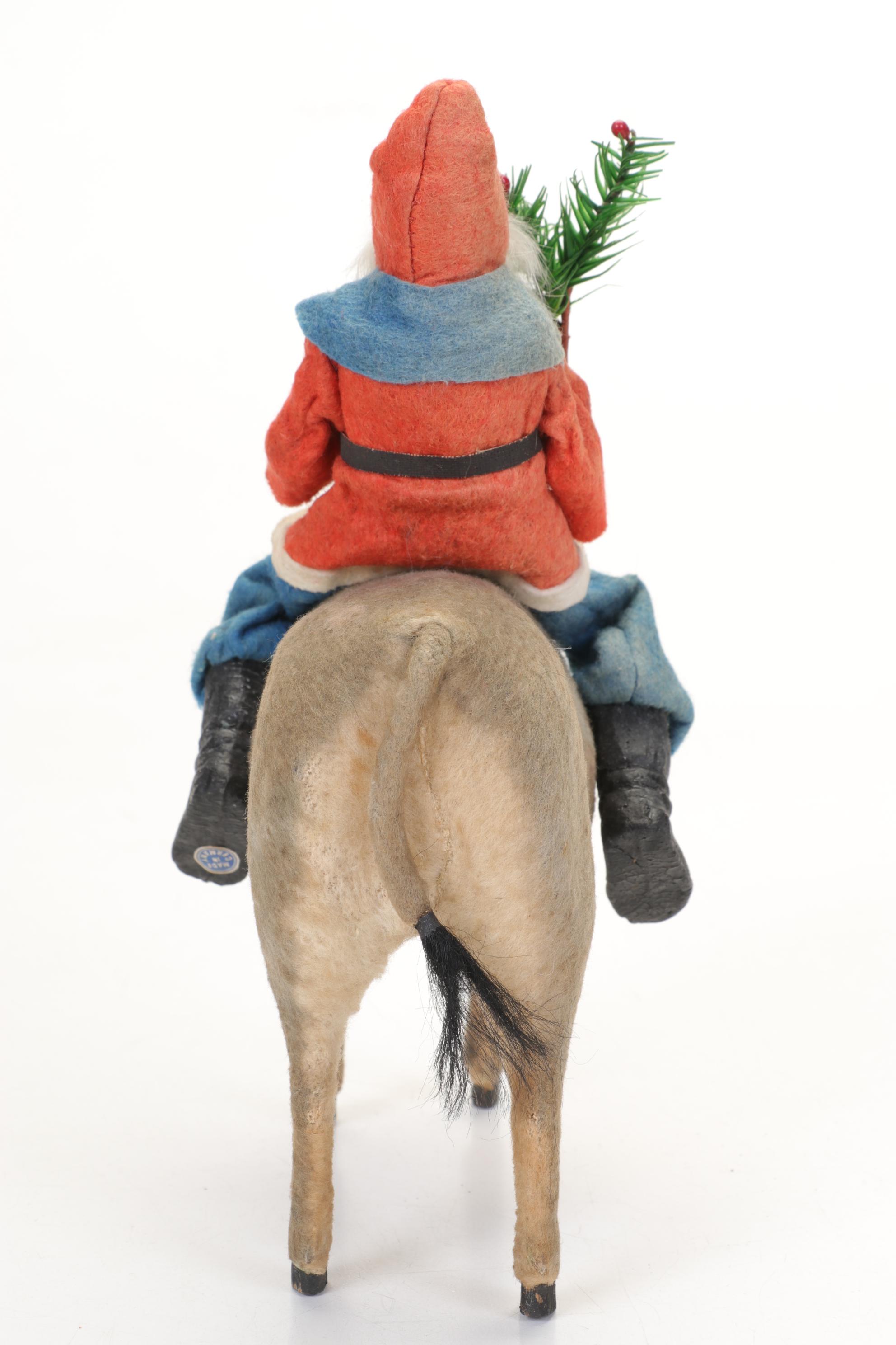 German Santa with Feather Tree on a Nodding Donkey Figurine, Early 20th Century