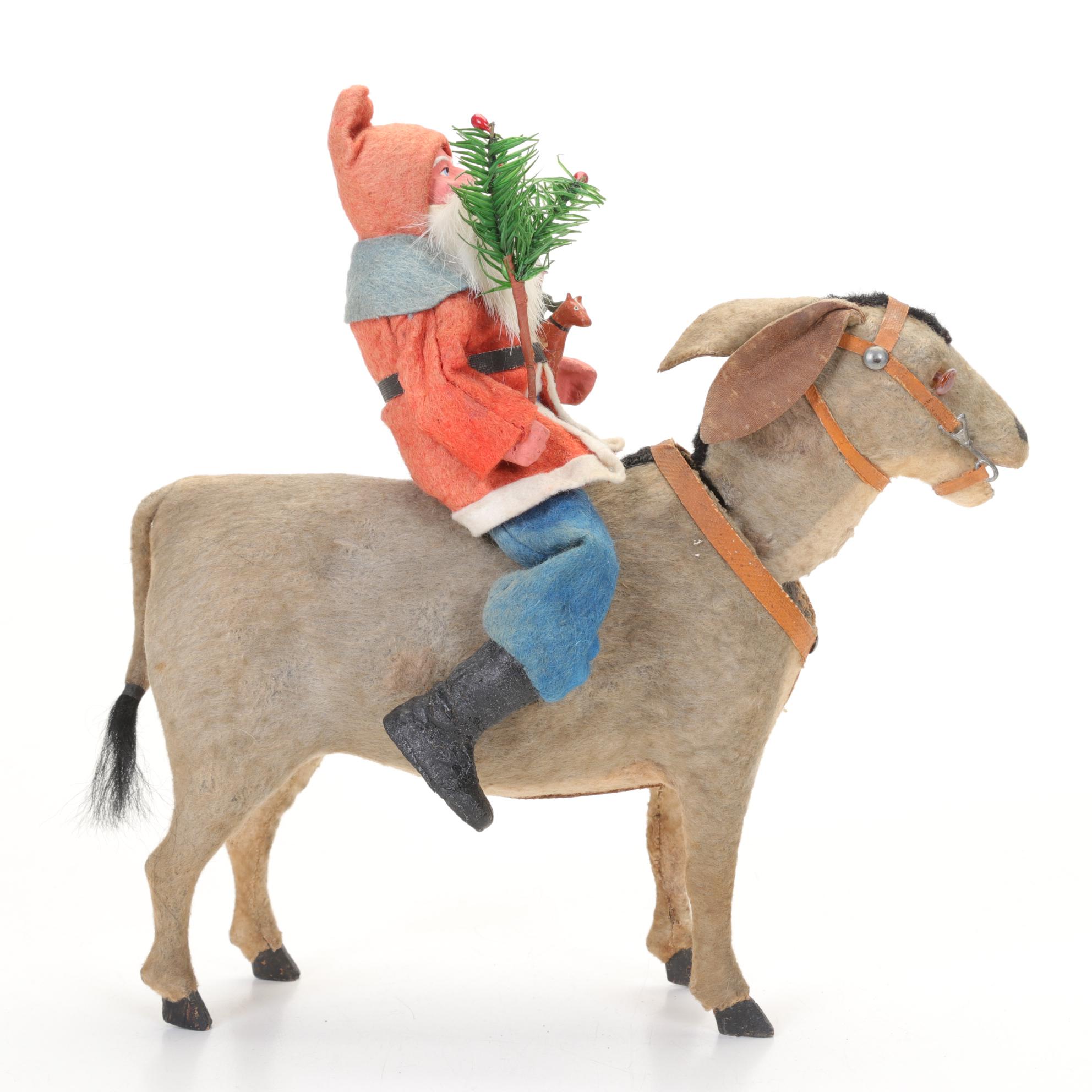 German Santa with Feather Tree on a Nodding Donkey Figurine, Early 20th Century