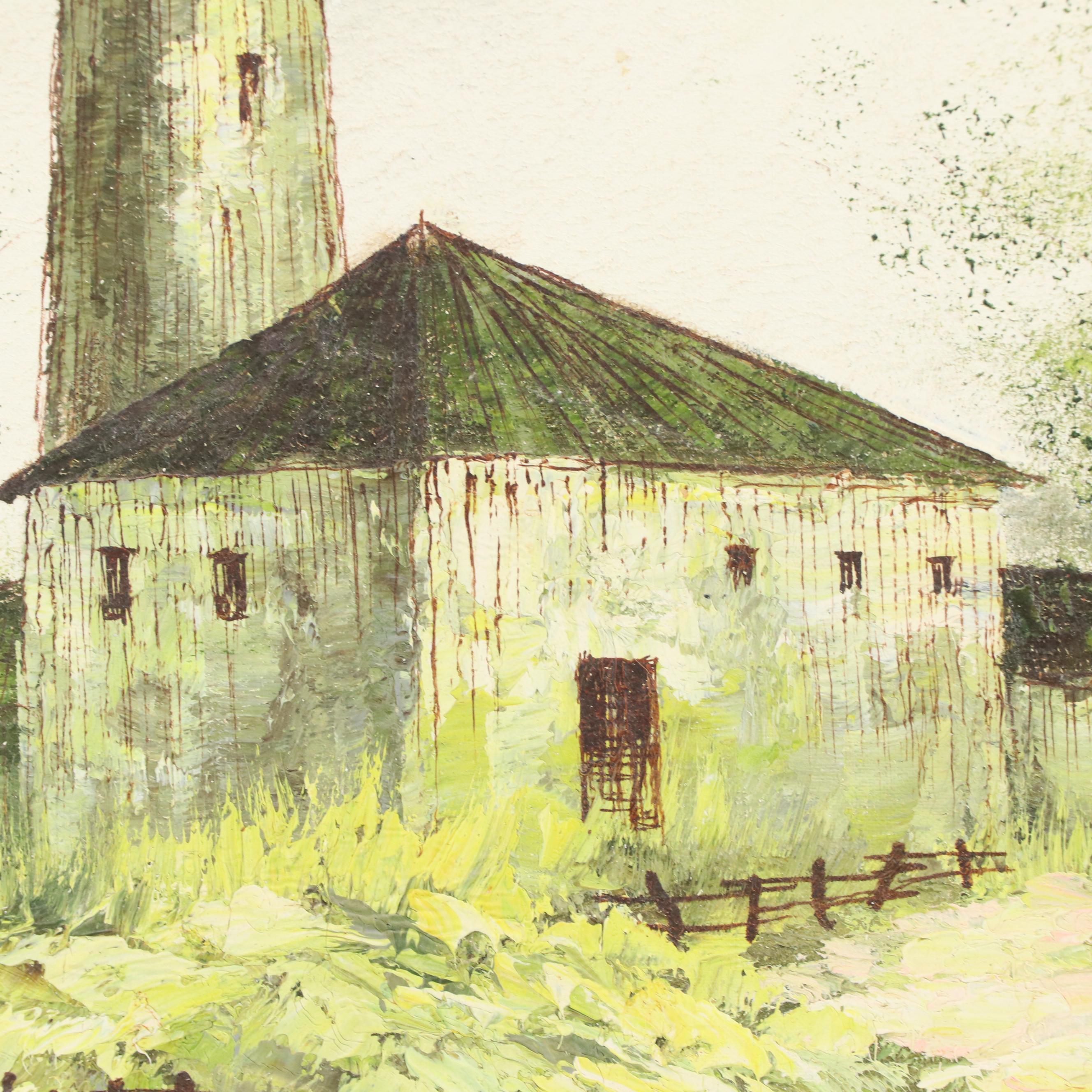 F. Harrison Barn Landscape Oil Painting, Circa 1960