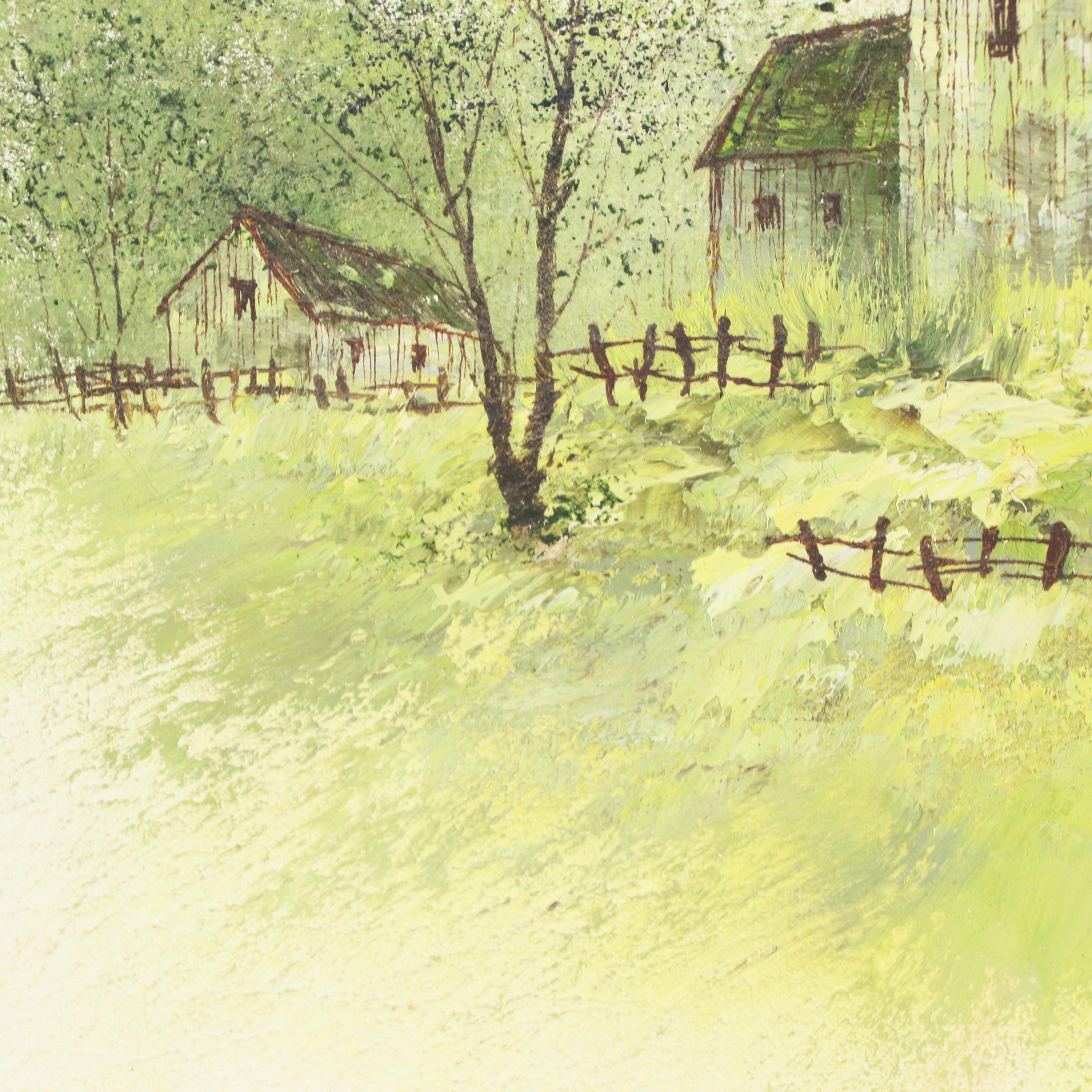 F. Harrison Barn Landscape Oil Painting, Circa 1960