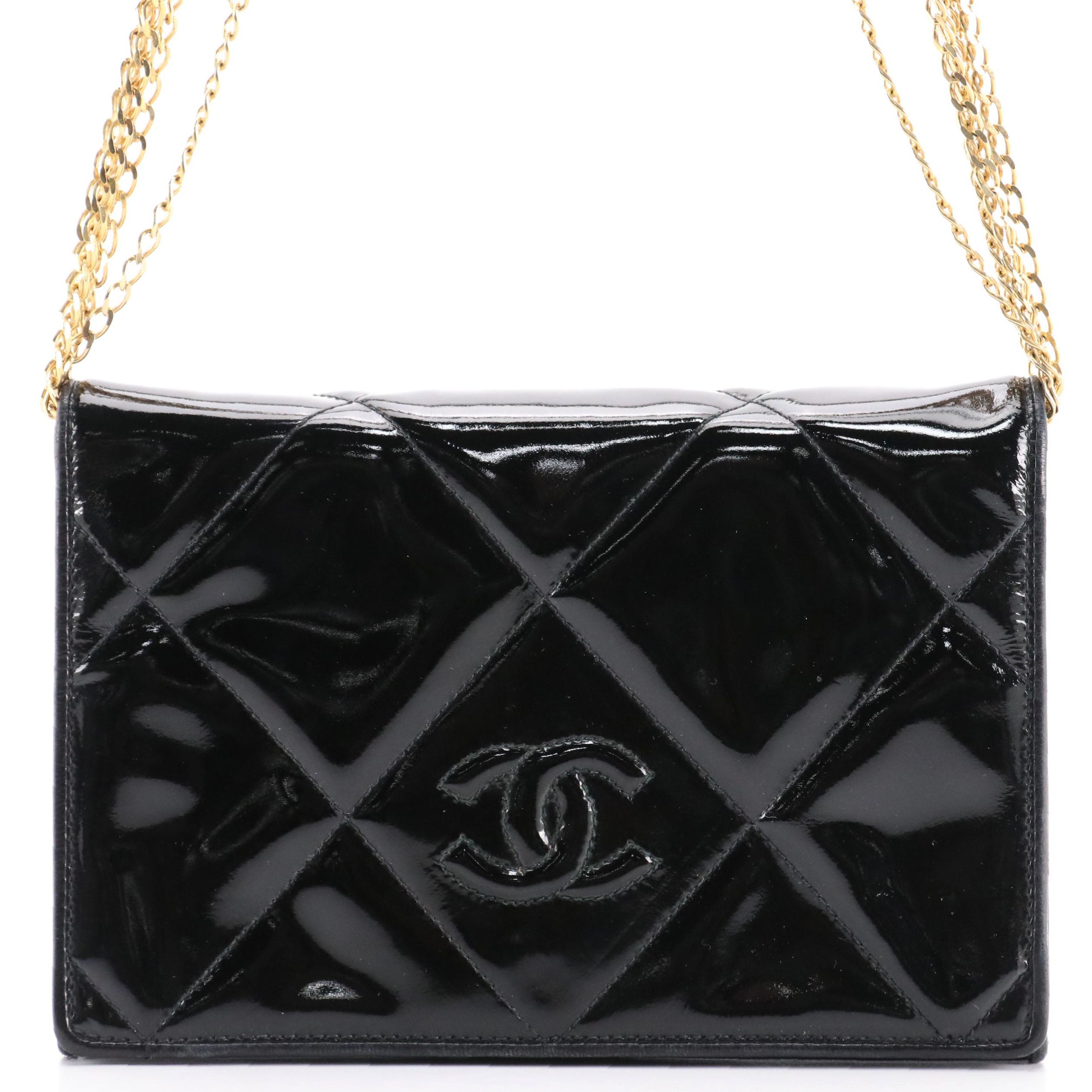 Chanel Vintage Quilted Patent Leather Multi-Chain Strap Flap Bag, With Box
