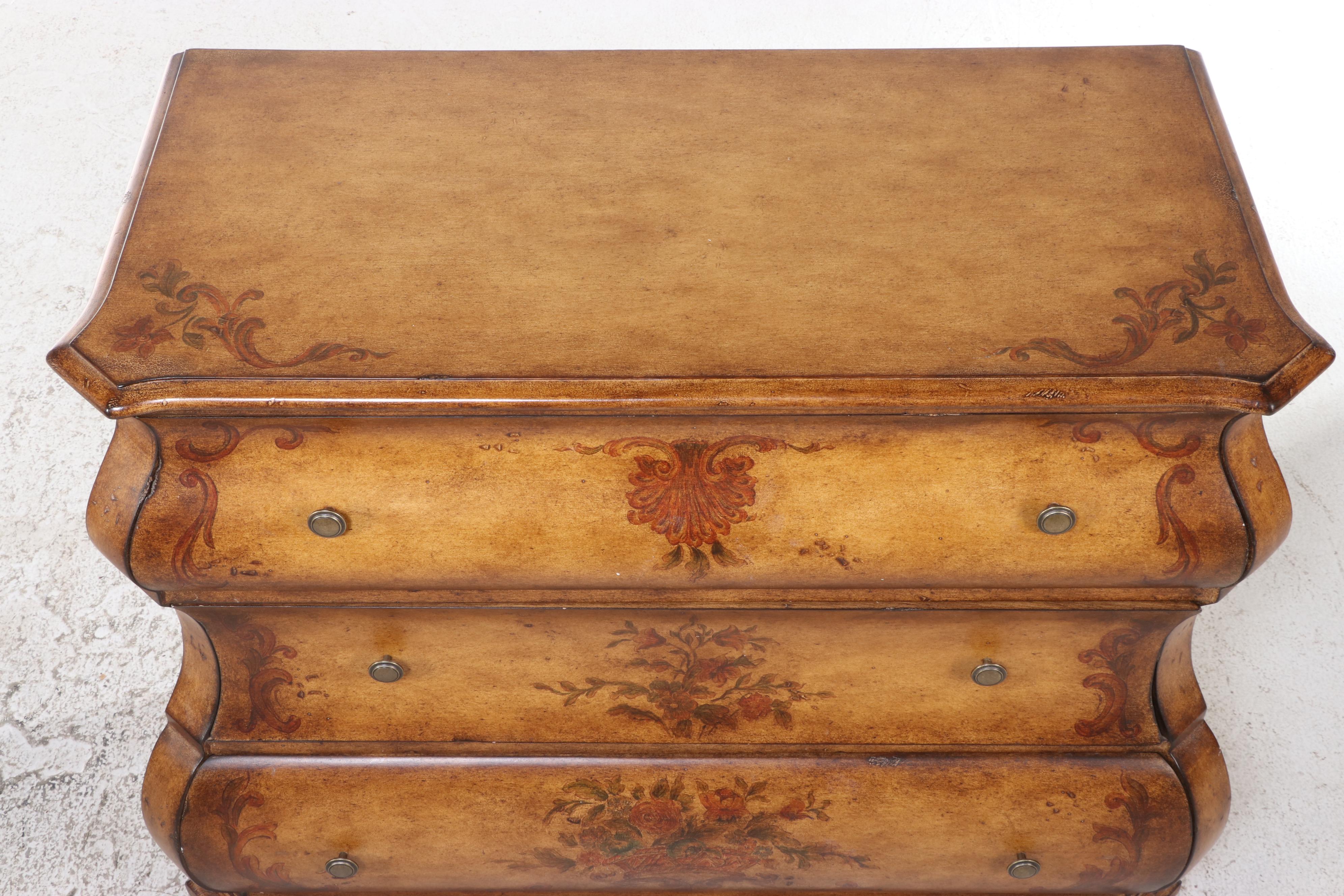 Dutch Baroque Style Paint-Decorated Three-Drawer Bombe Chest