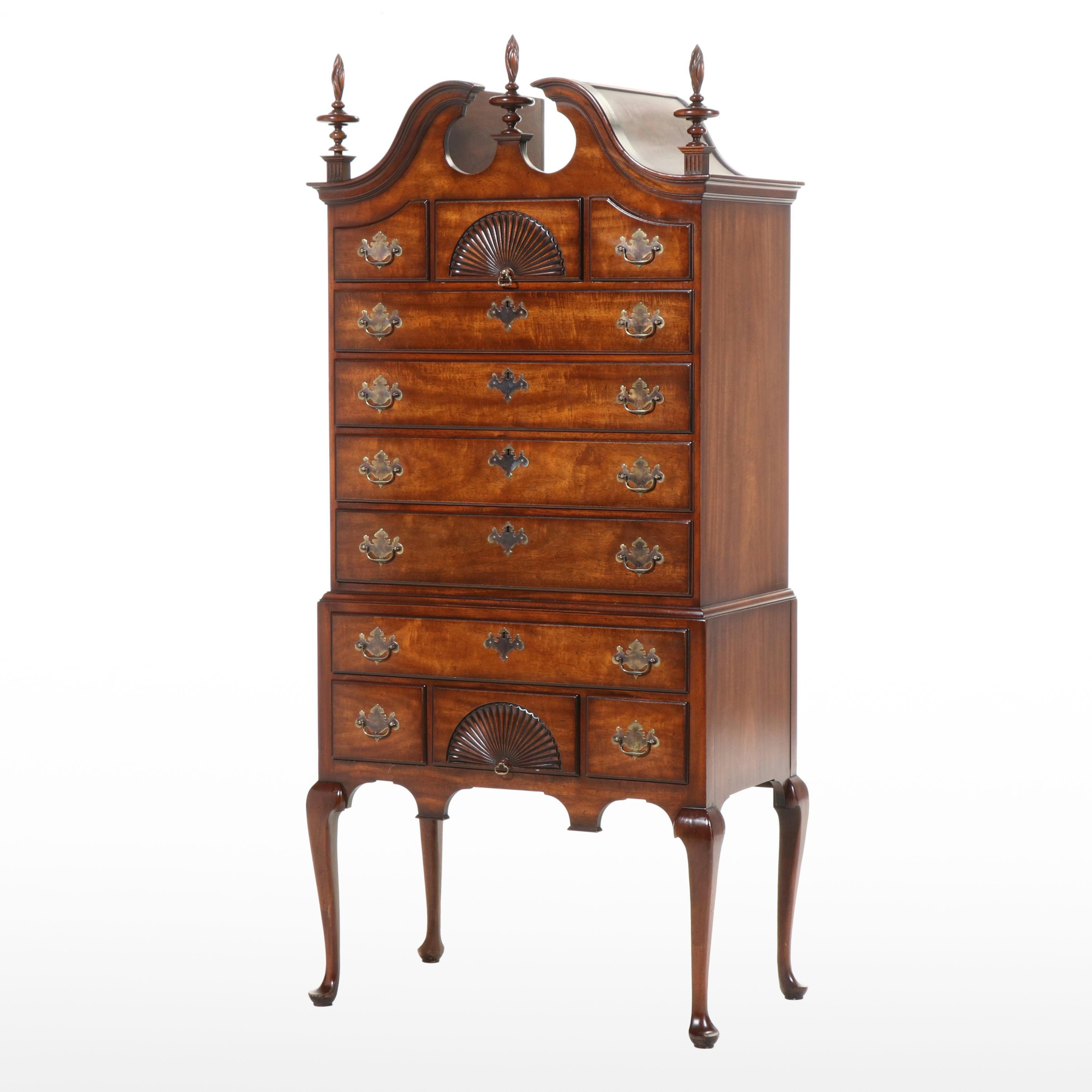 Kindel Queen Anne Style Mahogany Bonnet-Top Highboy, Late 20th Century