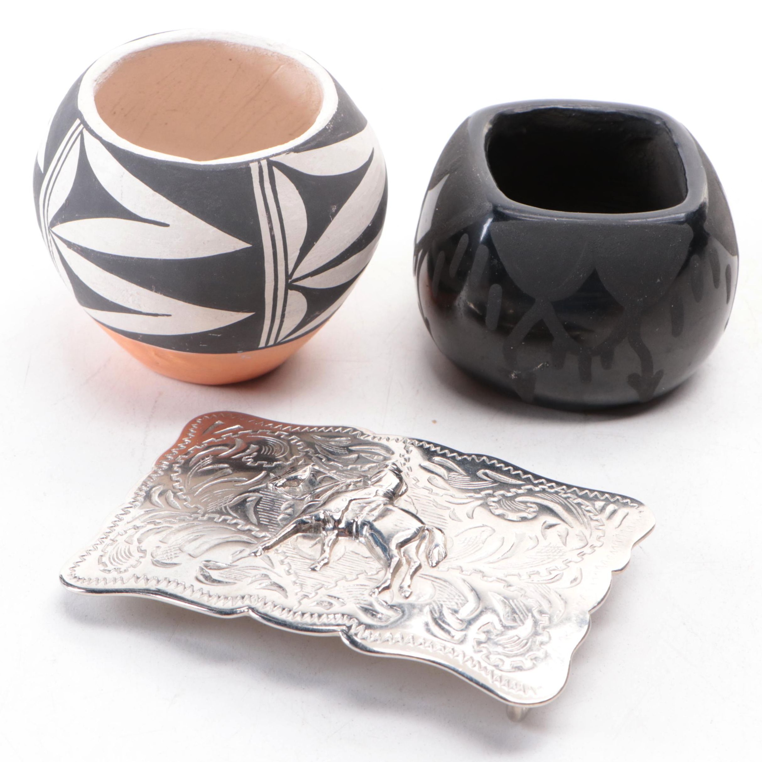 Southwestern Style Metal Belt Buckle, Acoma & Santa Clara Pueblo Ceramic Vases