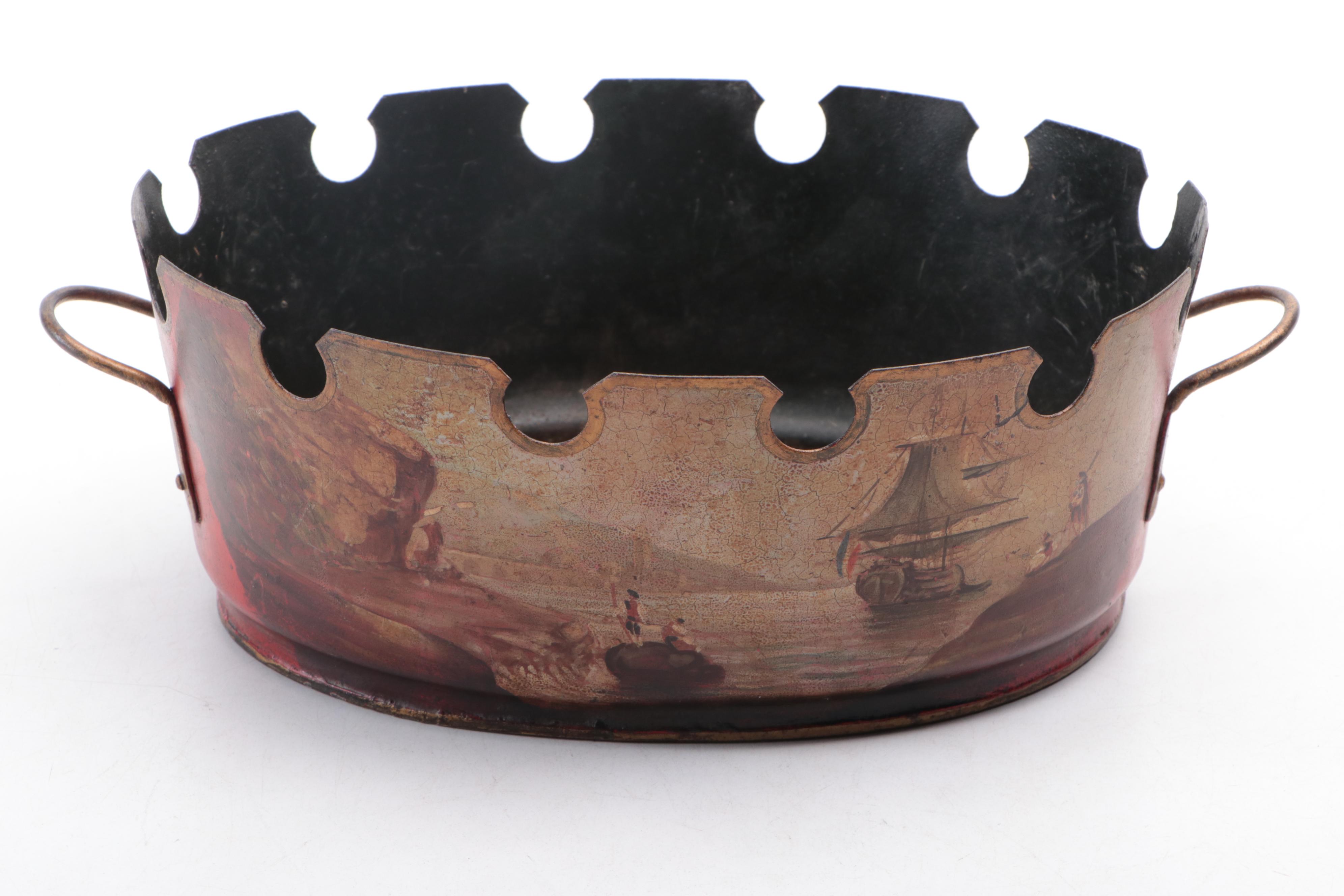 Hand-Painted Nautical Motif Metal Planter with Floral Motif Metal Baskets