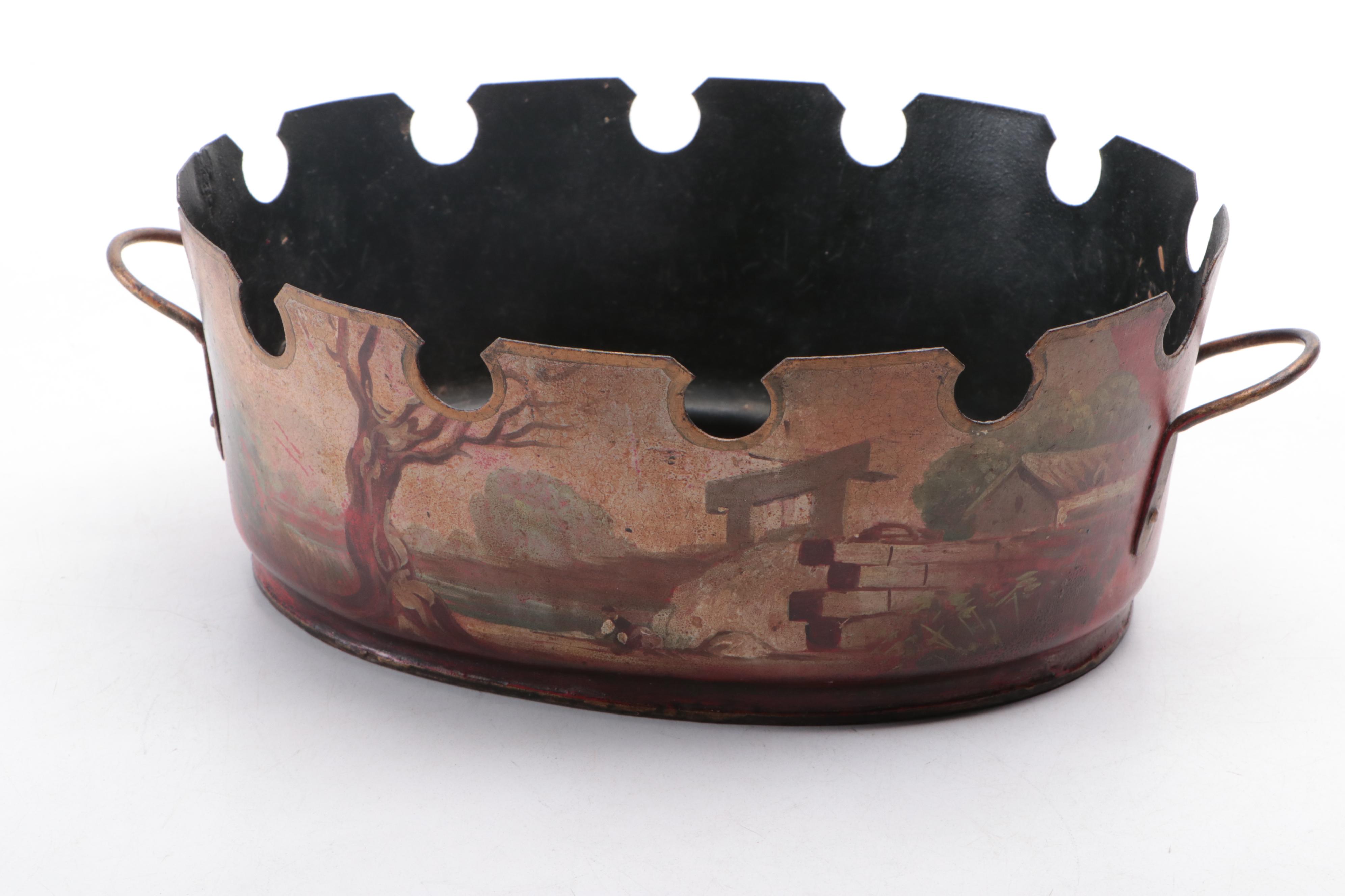 Hand-Painted Nautical Motif Metal Planter with Floral Motif Metal Baskets