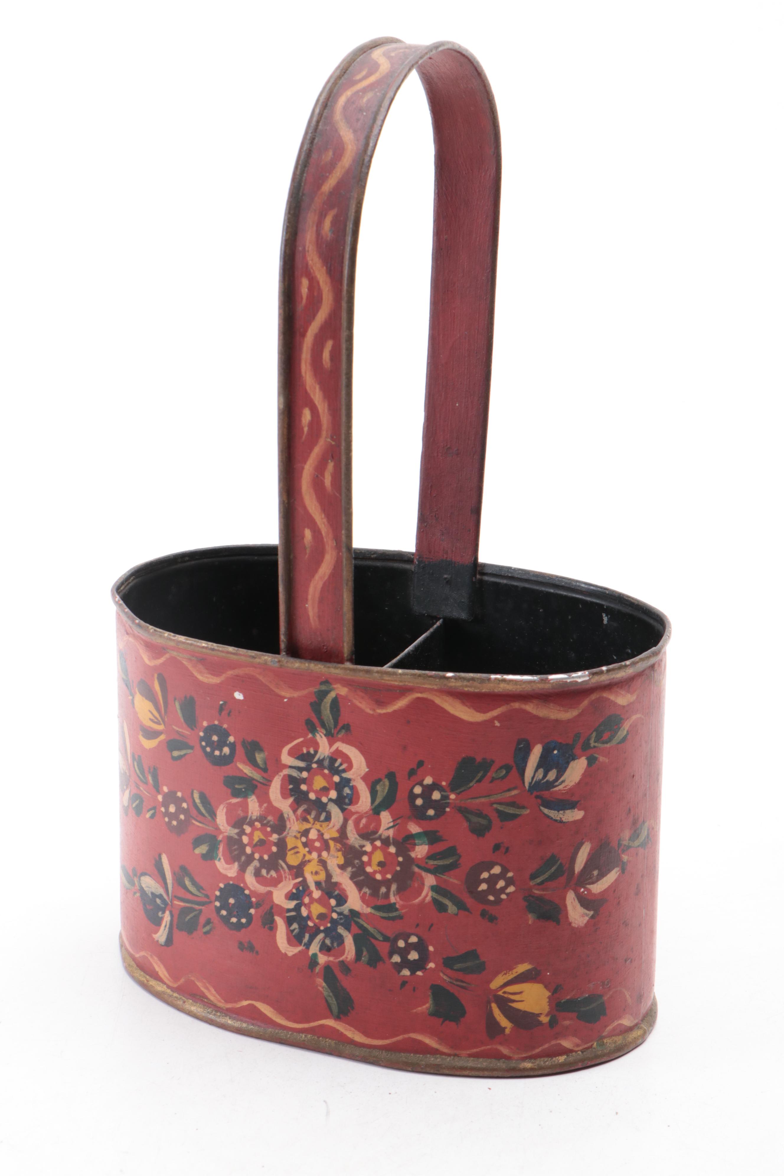 Hand-Painted Nautical Motif Metal Planter with Floral Motif Metal Baskets