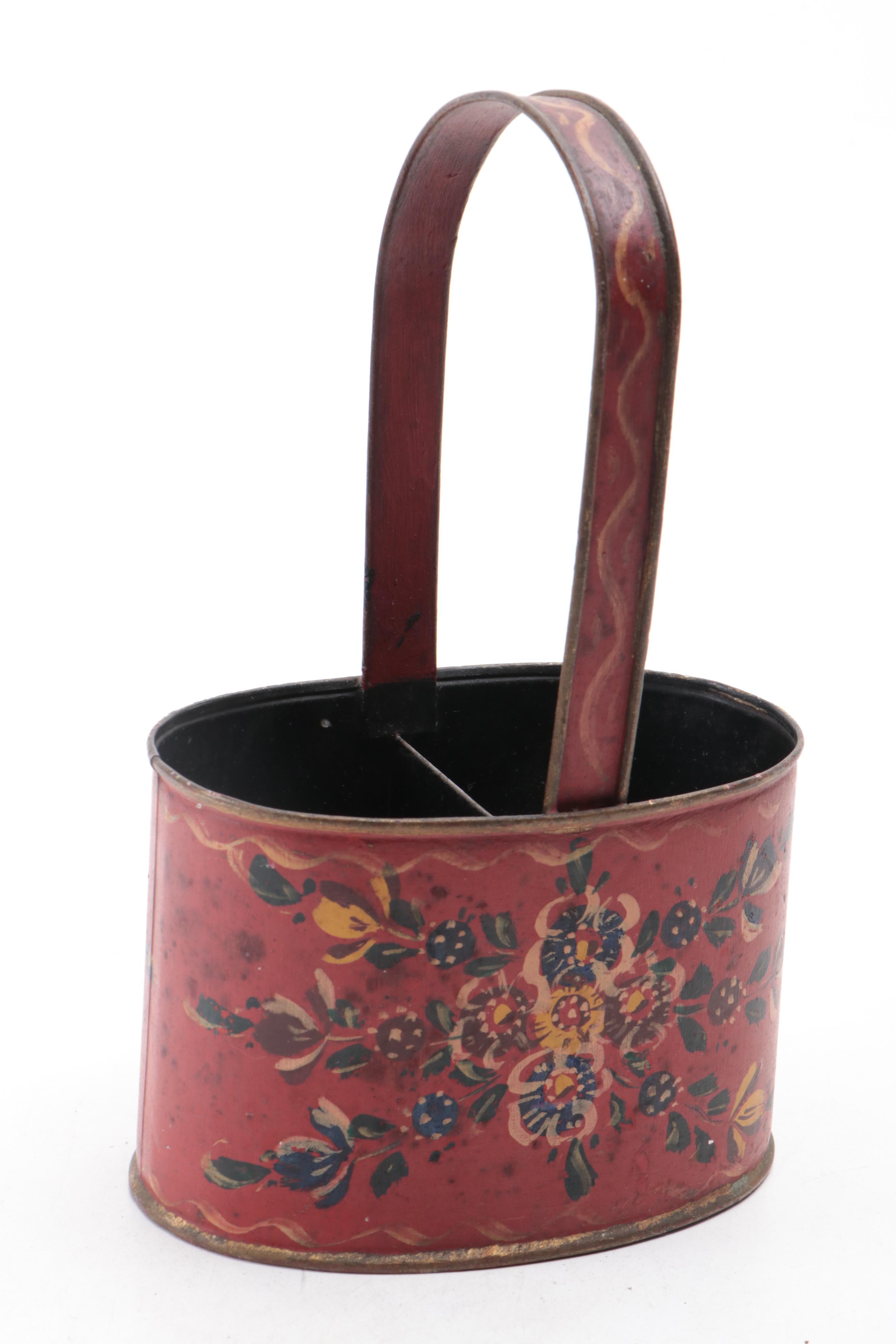 Hand-Painted Nautical Motif Metal Planter with Floral Motif Metal Baskets