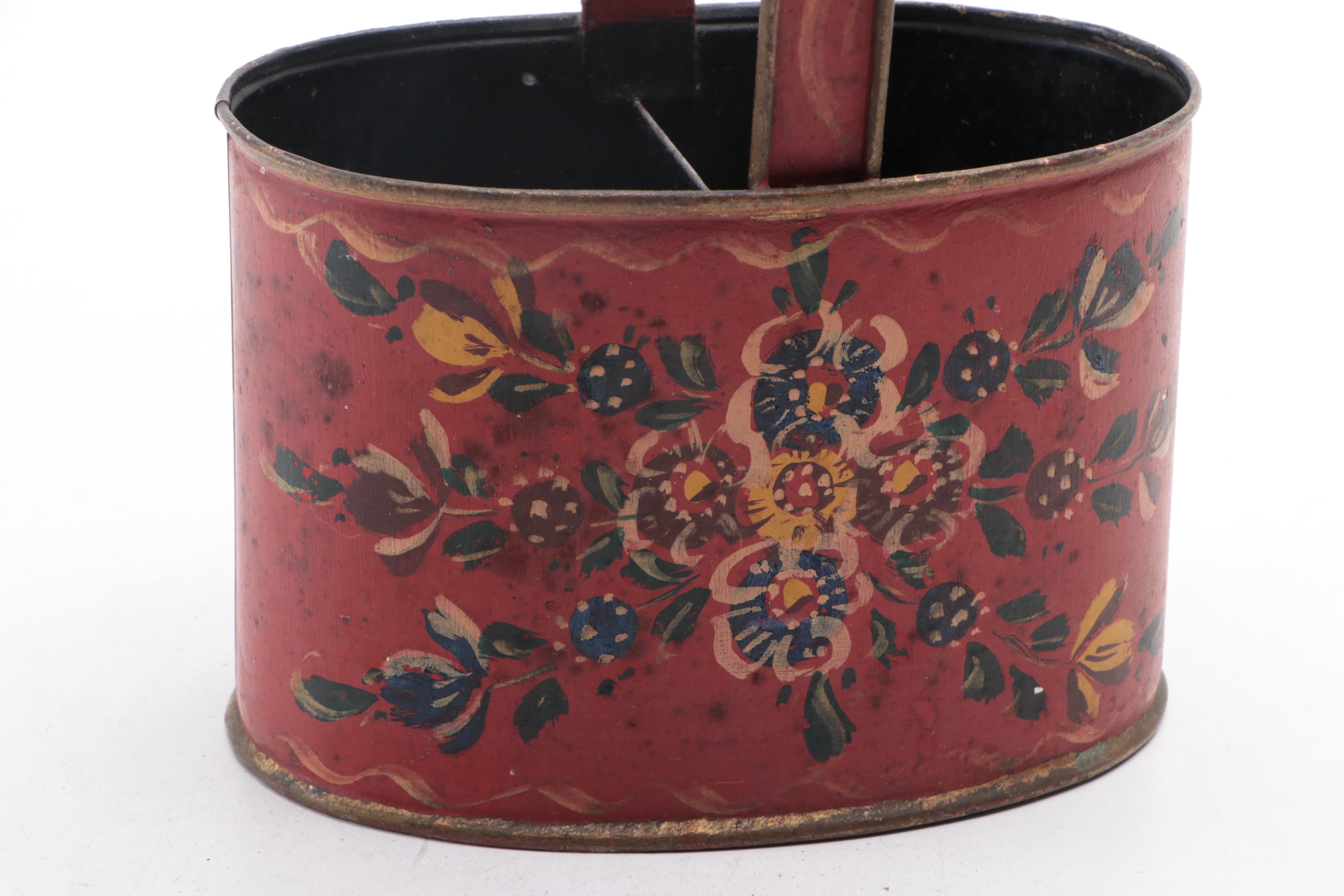 Hand-Painted Nautical Motif Metal Planter with Floral Motif Metal Baskets