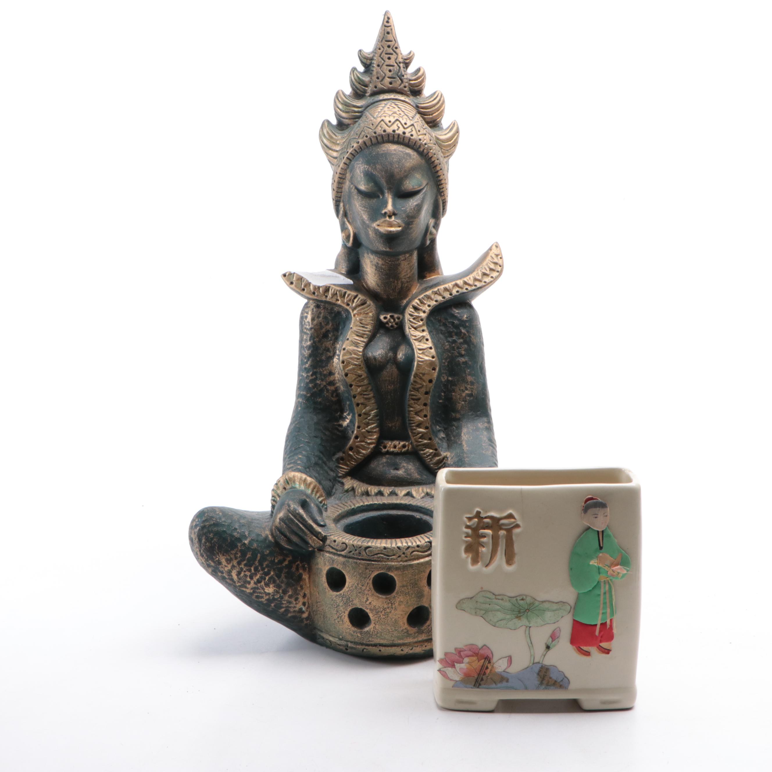 Plaster Buddha Statue and Candle Holder with Embossed Ceramic Planter